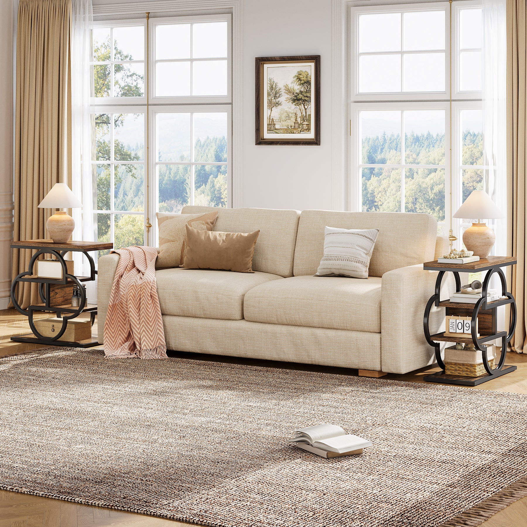 23.62 Inch Narrow Side Table with Storage, 4 Tier Wooden End Table with Metal Frame