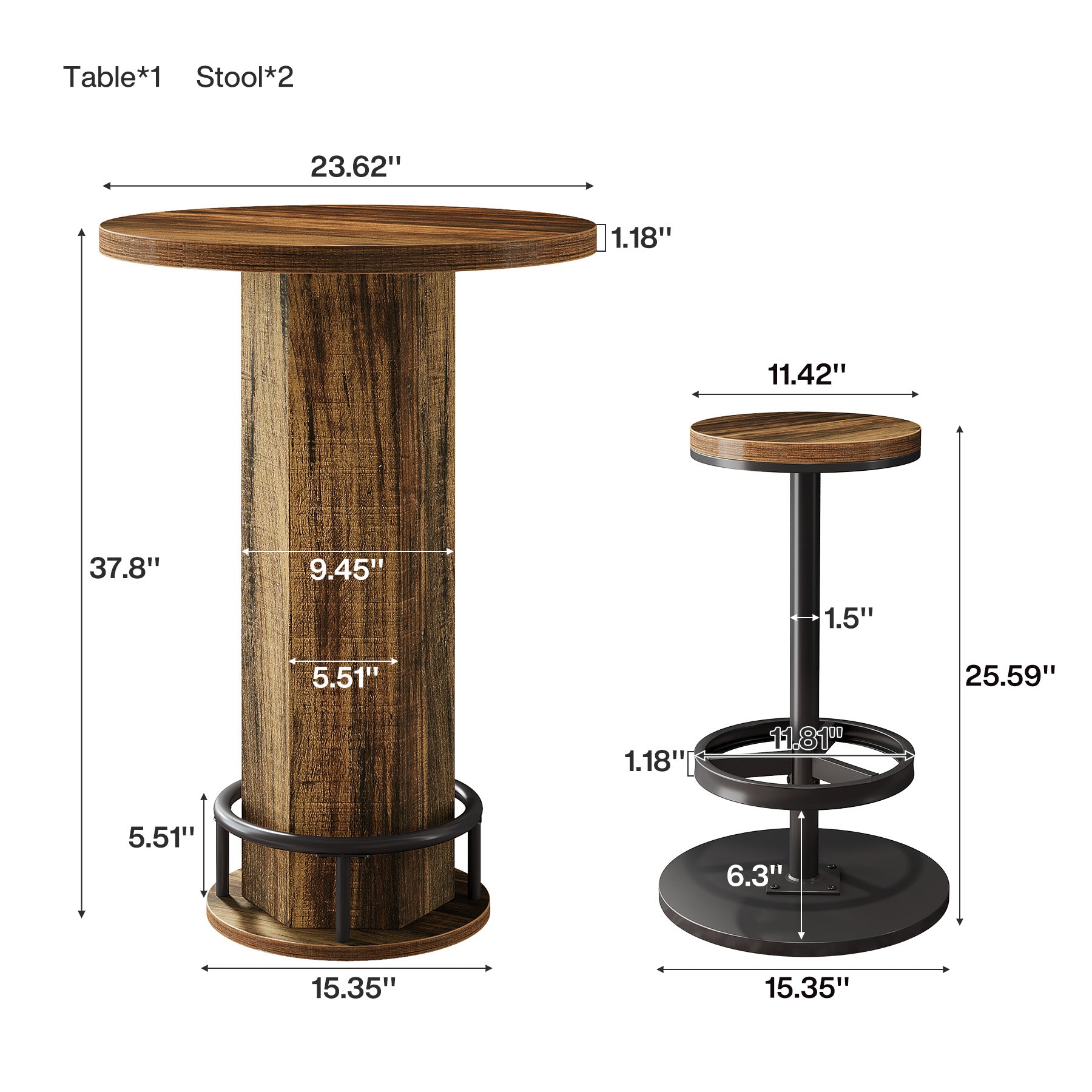 Tribesigns 23.62-Inch Round Bar Table Set, Industrial Bistro Table with 2 Bar Stools and Metal Footrest for Kitchen Apartment