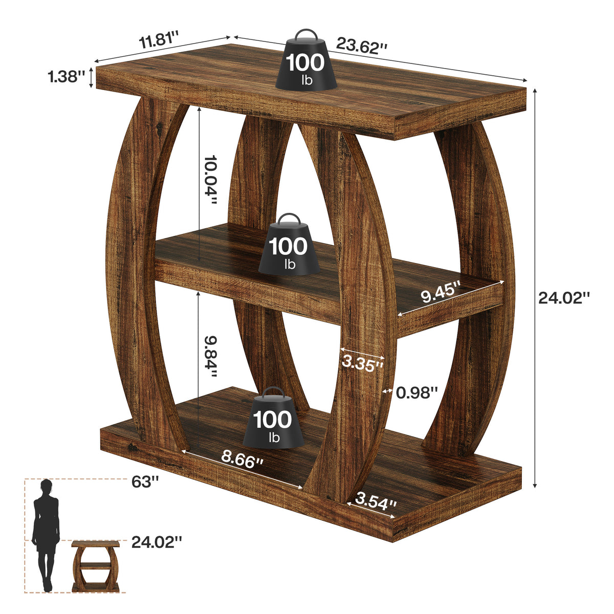 Farmhouse Geometric Side Table, Three-Tier Narrow Storage for Small Spaces
