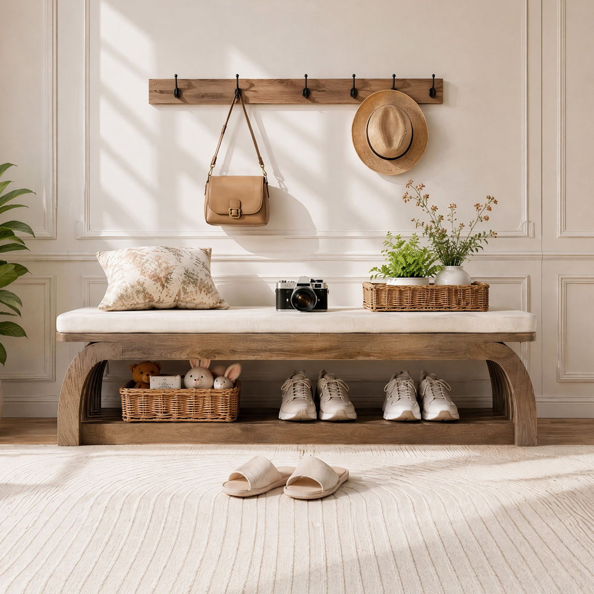 Tribesigns 55.1 Inch Upholstered Entryway Bench with 2-Tier Shoe Storage, Farmhouse Hallway Bench