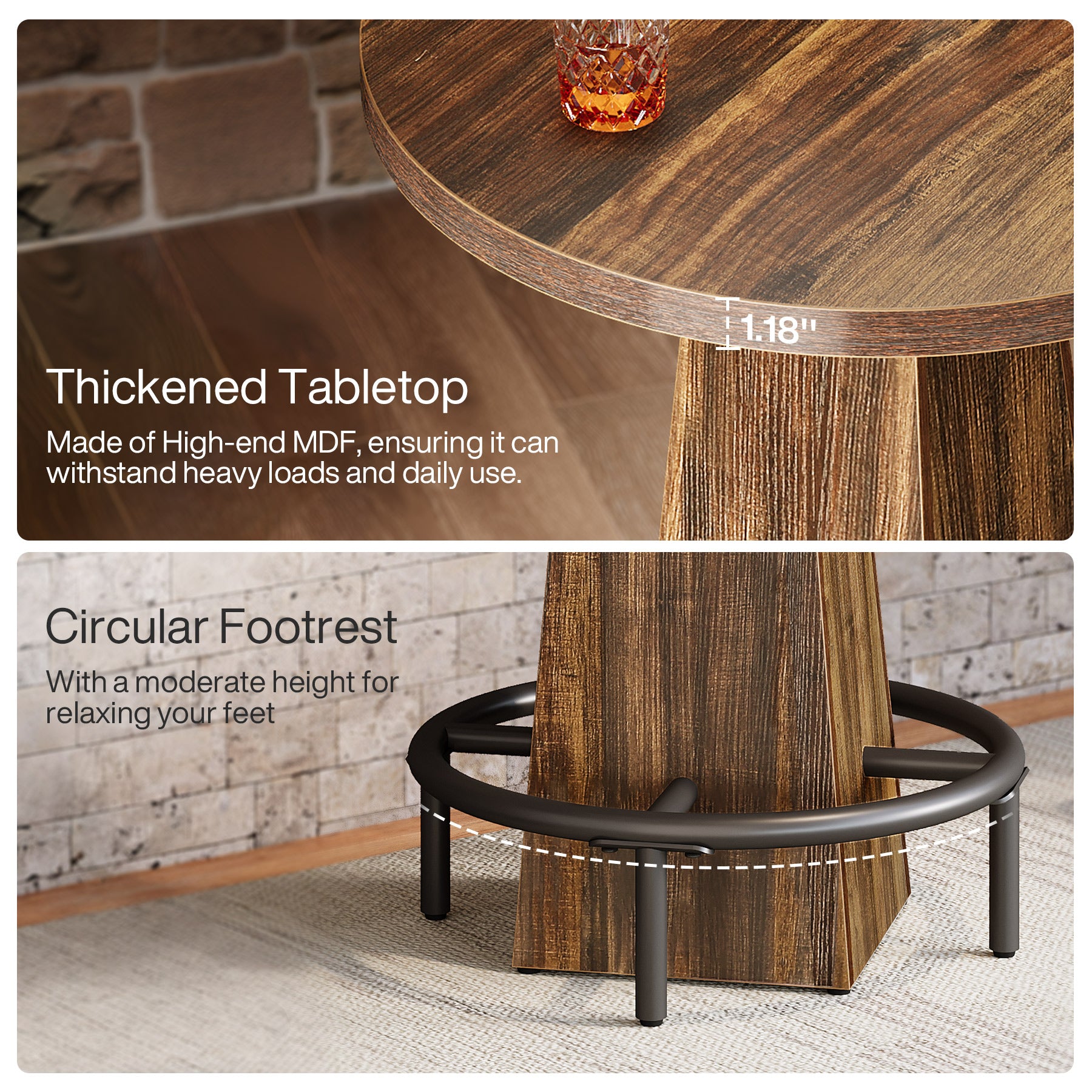Tribesigns 37.4-Inch High Round Bar Table with Metal Footrest, Rustic Pub Table for Small Bars and Kitchen
