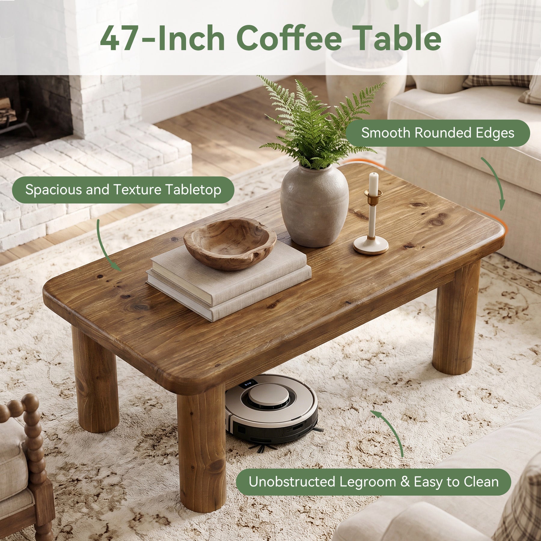Tribesigns 47.2-Inch Solid Wood Coffee Table with Rectangular Tabletop
