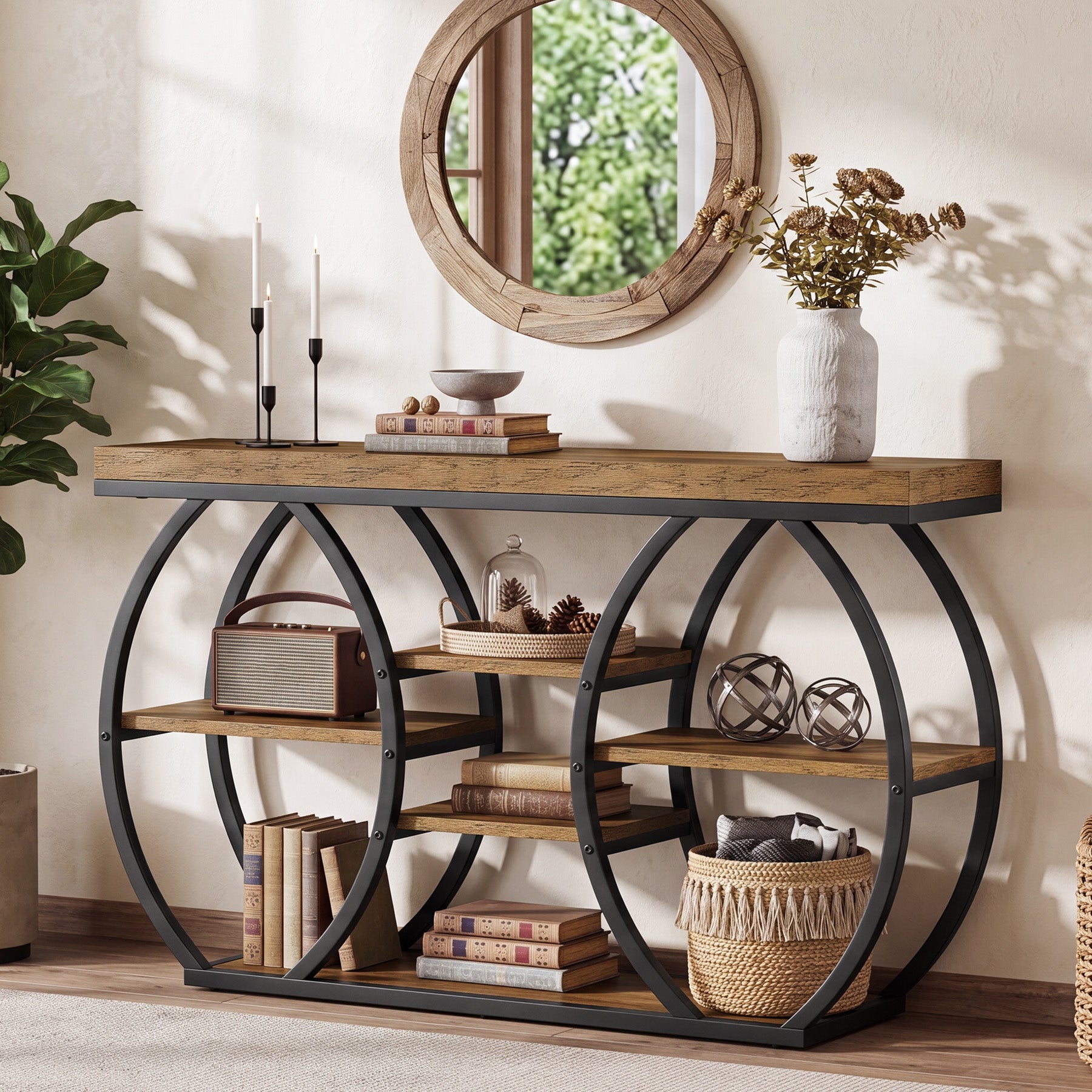 Tribesigns 47-Inch Console Table with 4-Tier Storage, Farmhouse Hallway Table with Curved Frame