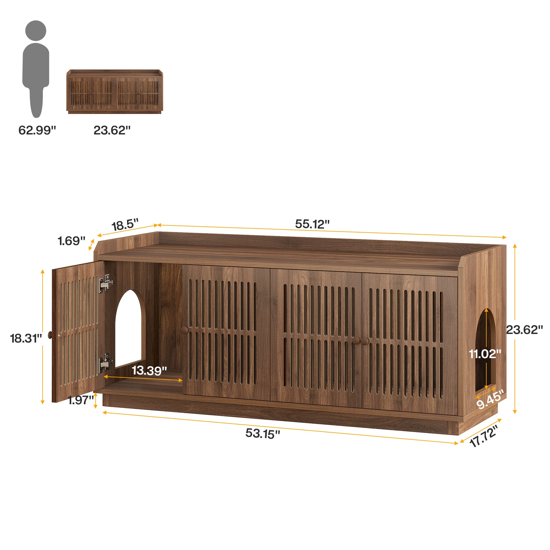 55.1-Inch Extra Large Cat Litter Box Enclosure for 2 Cats with 2 Cabinets and Side Entry, Hidden Wooden Cat Washroom Furniture for Living Room