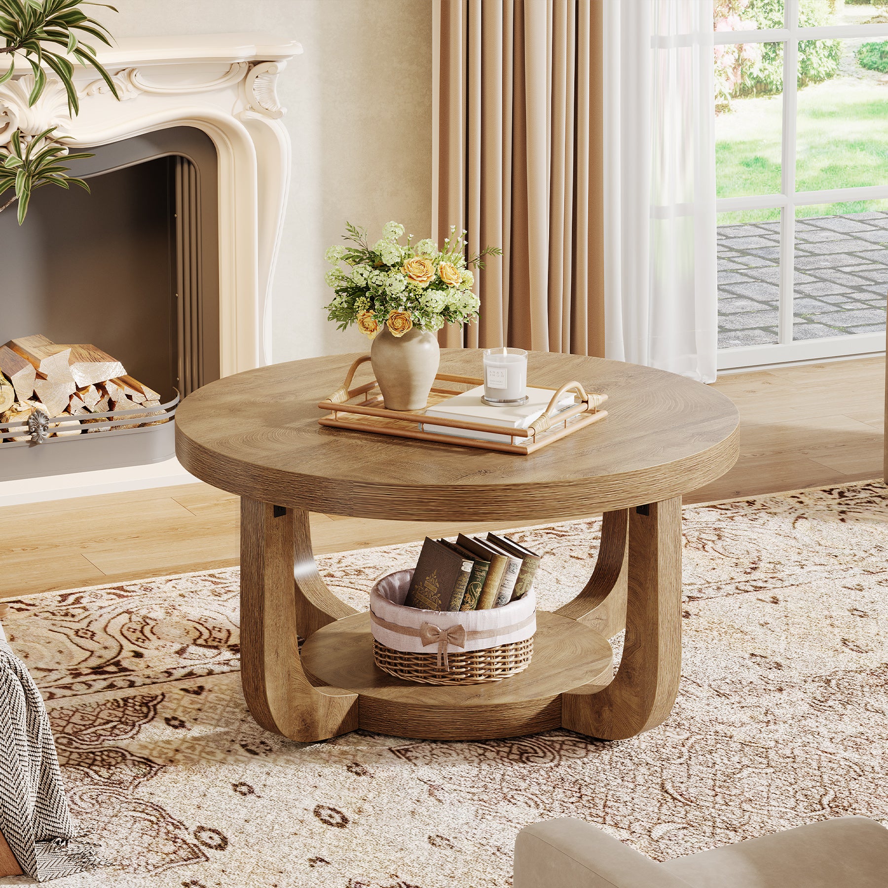 31.5" Round Coffee Table - 2-Tier Accent Center Table with Storage Shelf