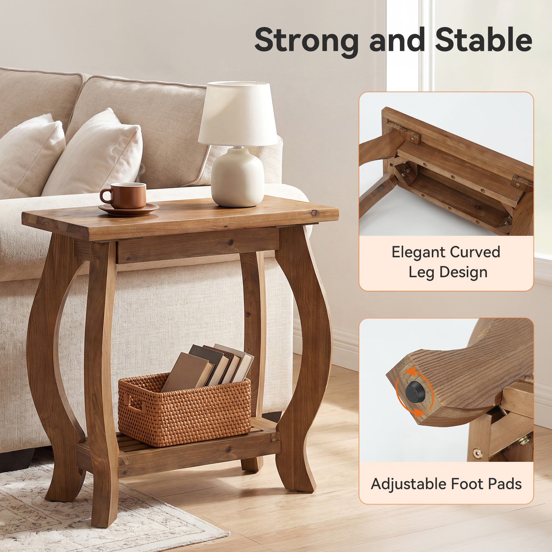 Tribesigns 23.6 Inch Narrow Side Table with Curved Legs, Solid Wood End Table for Small Spaces