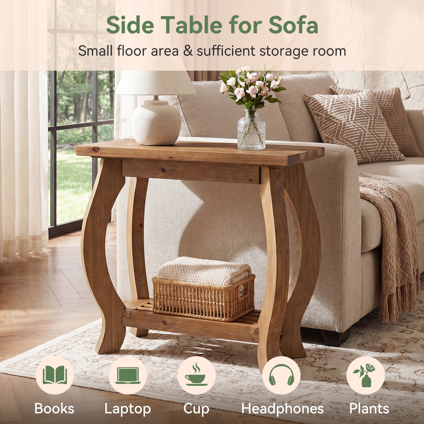 Tribesigns 23.6 Inch Narrow Side Table with Curved Legs, Solid Wood End Table for Small Spaces