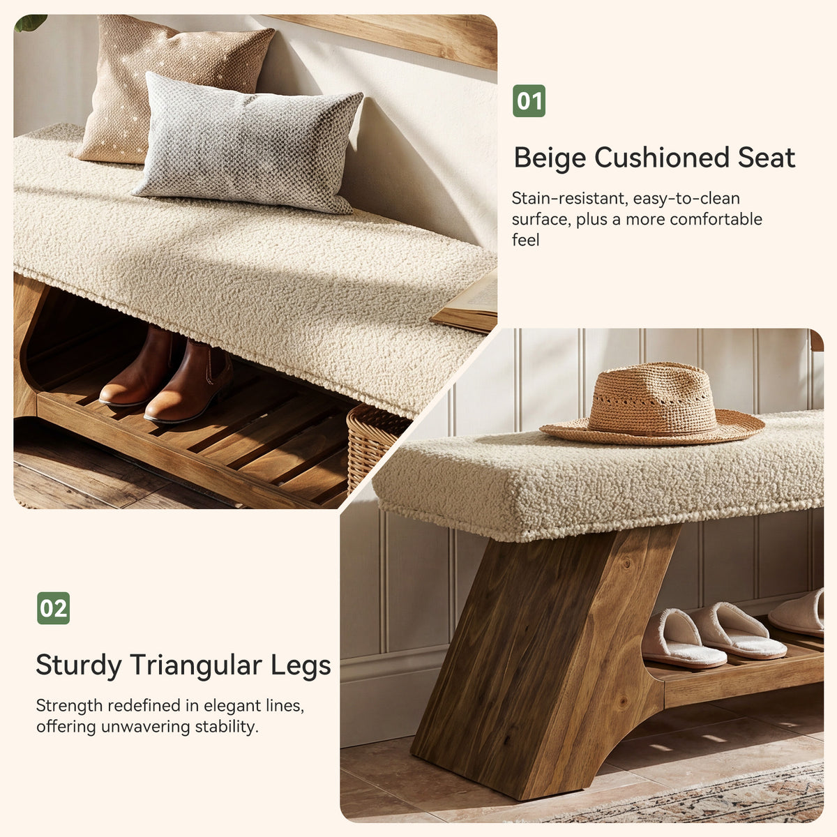 55" Solid Wood Storage Bench with Cushion, Upholstered Entryway Shoe Bench