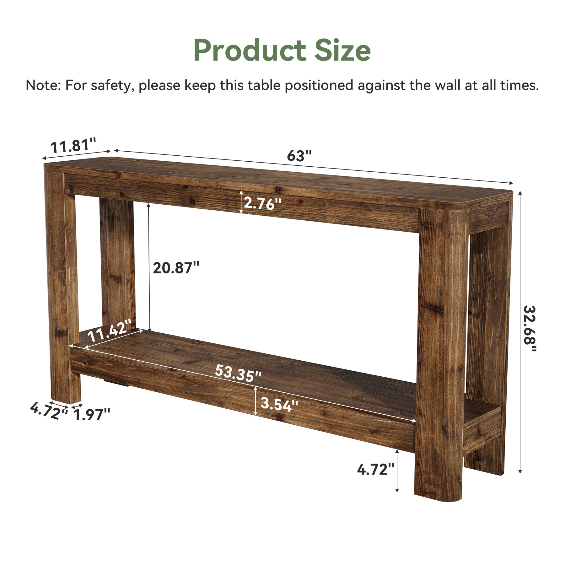 63" Console Table, Solid Wood Farmhouse Sofa Table with 2-Tier Storage