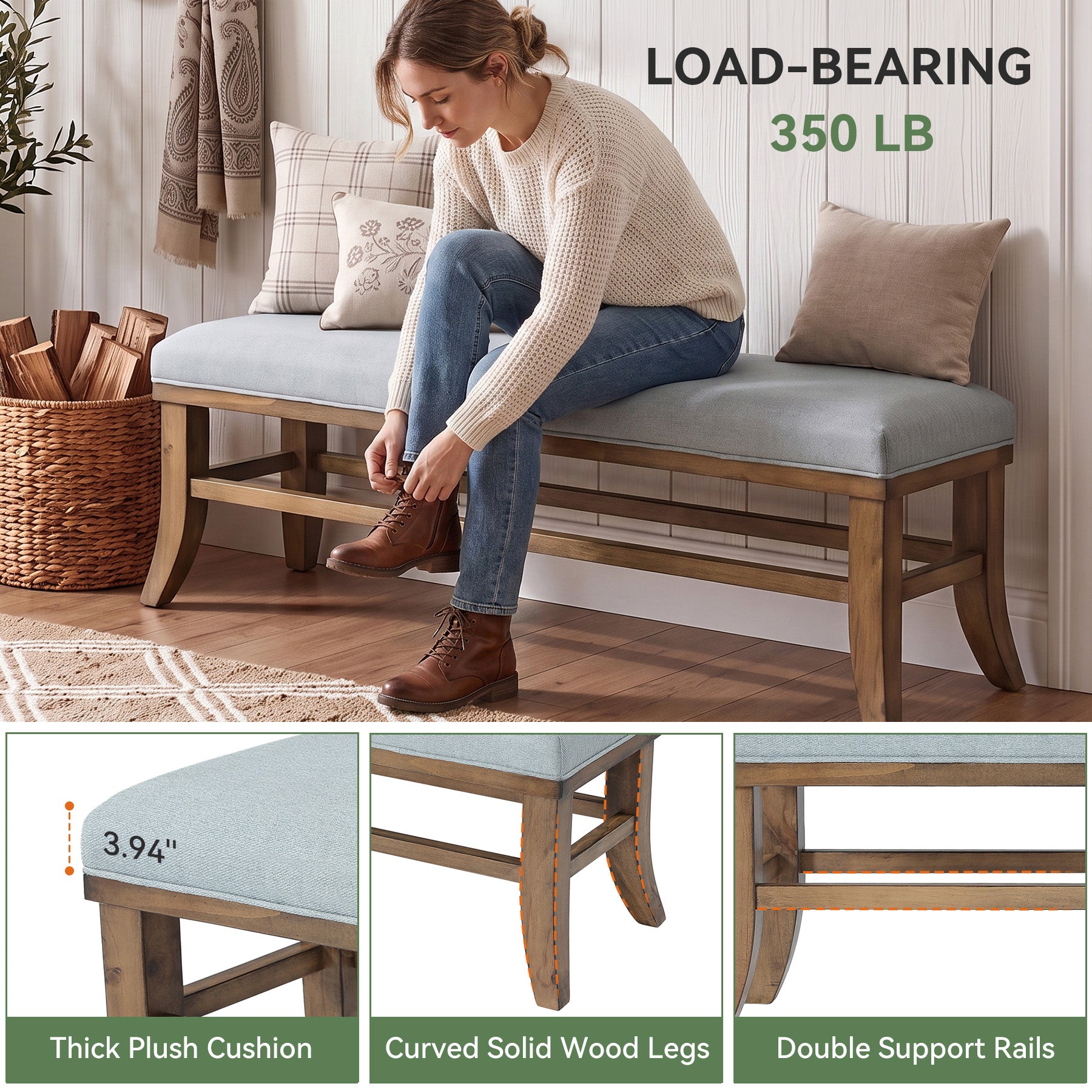 Tribesigns 55-Inch Upholstered Bench, Solid Pine Wood Frame with Cushion for Bedroom Entryway