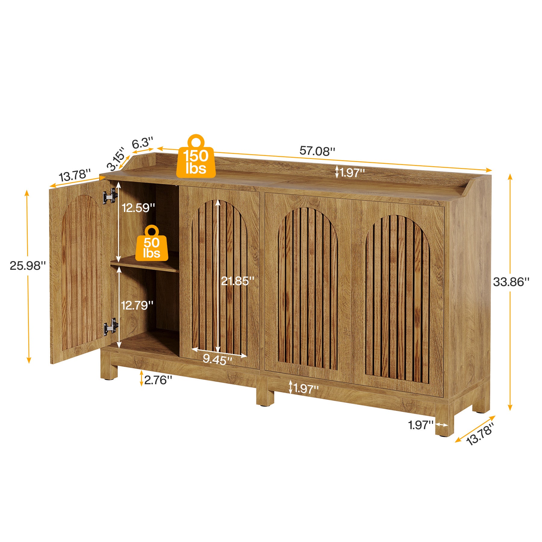 57-Inch Buffet Cabinet with Adjustable Shelves and Grille Doors, Long Sideboard Cabinet for Dining Room