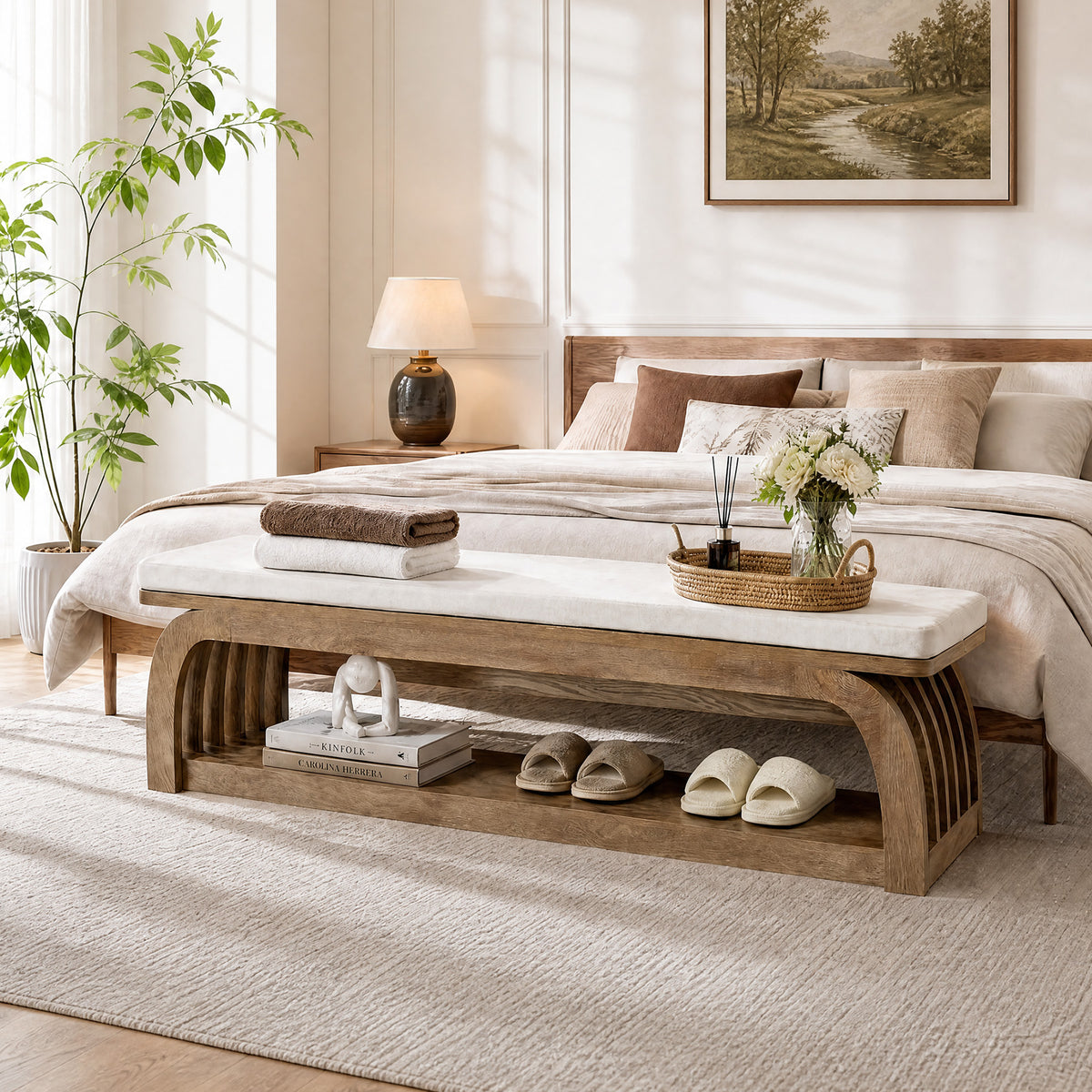 Tribesigns 55.1 Inch Upholstered Entryway Bench with 2-Tier Shoe Storage, Farmhouse Hallway Bench