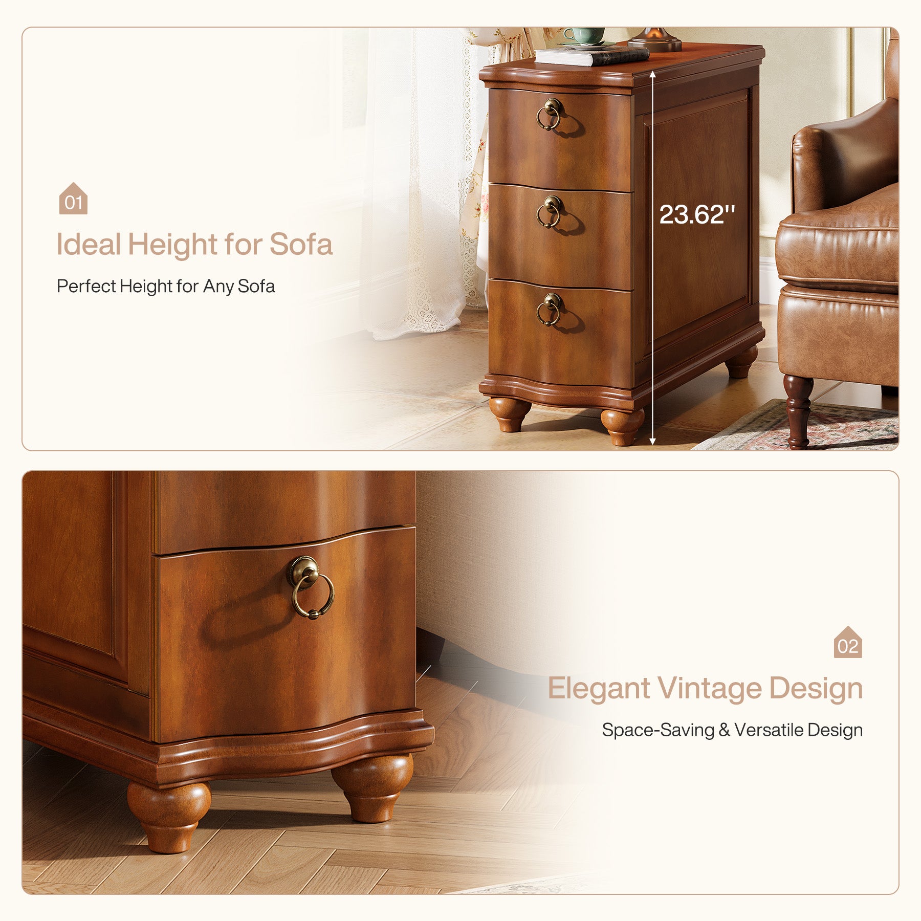Tribesigns 11.02-Inch Wide Fully Assembled End Table with 3 Drawers, Narrow Walnut Brown Side Table for Bedside Living Room