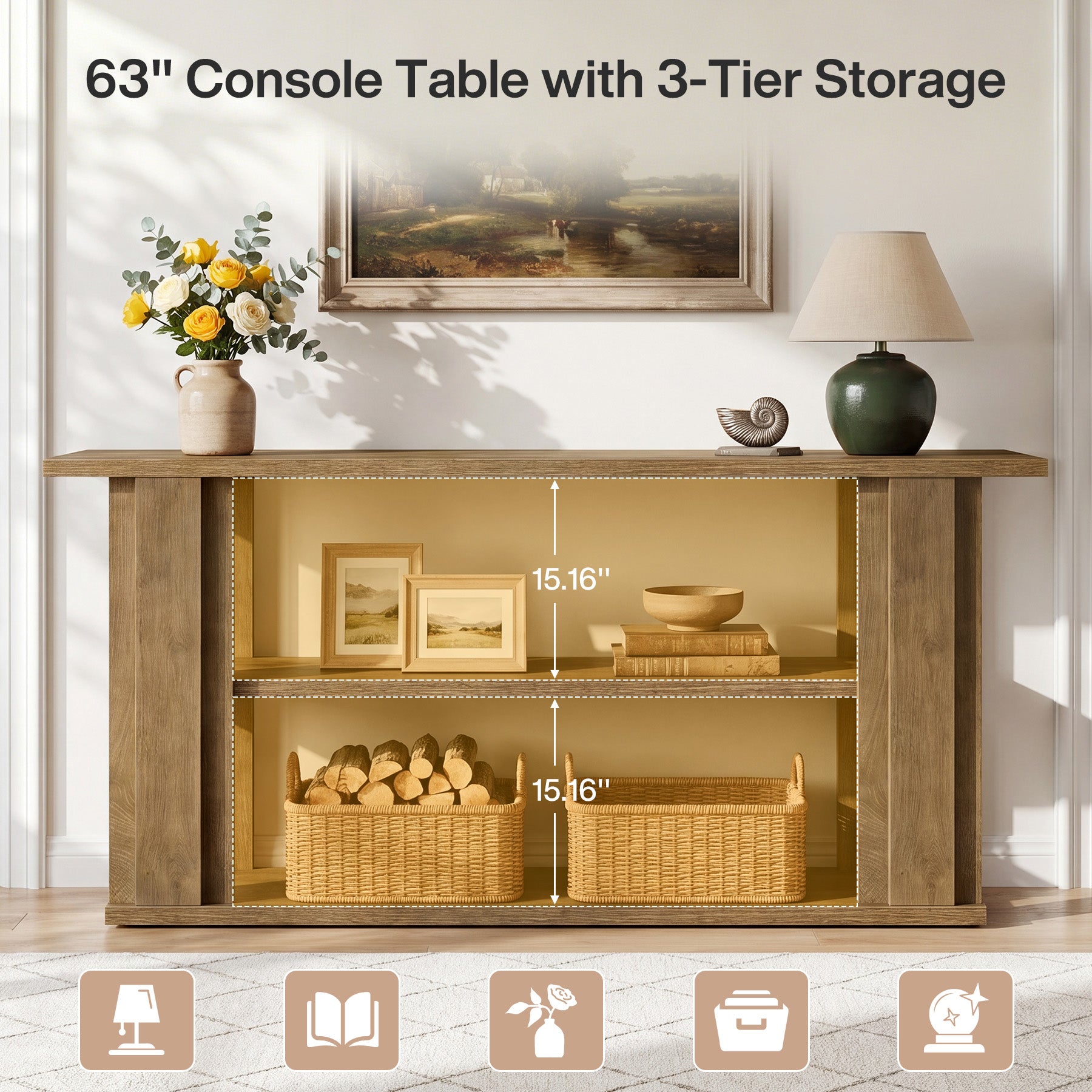 Tribesigns 63-Inch Farmhouse Console Table with 3-Tier Storage Shelves and Wide Panel Supports, Narrow Sofa Table for Living Room Hallway and Foyer