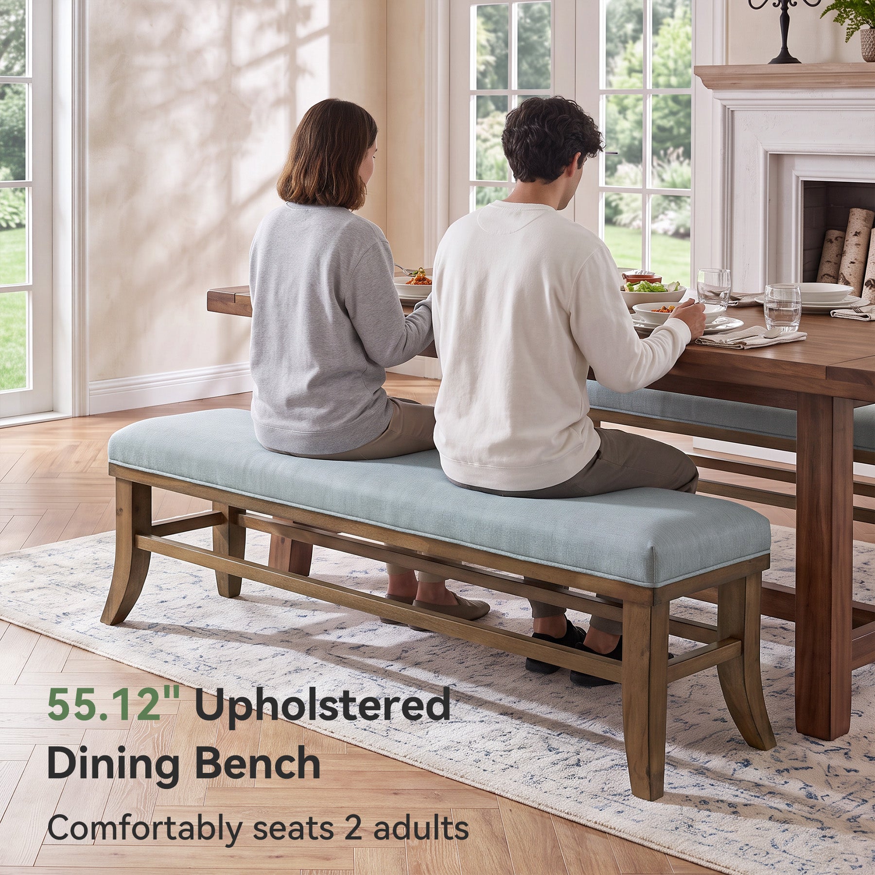 Tribesigns 55-Inch Upholstered Dining Bench, Solid Pine Wood Padded Bench with Linen Cushion