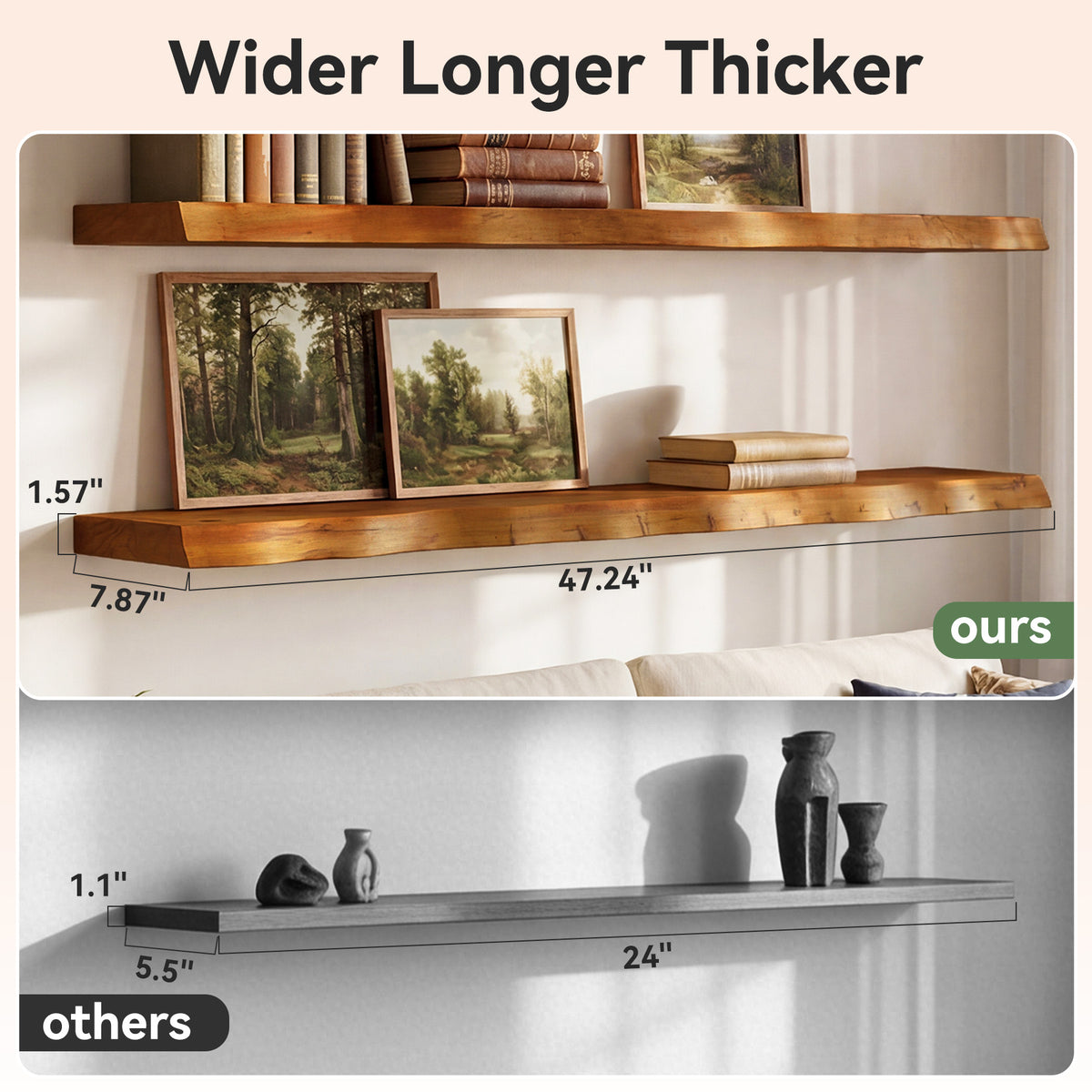 Tribesigns 47.24" Solid Wood Floating Shelves Set of 3 with Live Edge Design, Wall Decor Storage