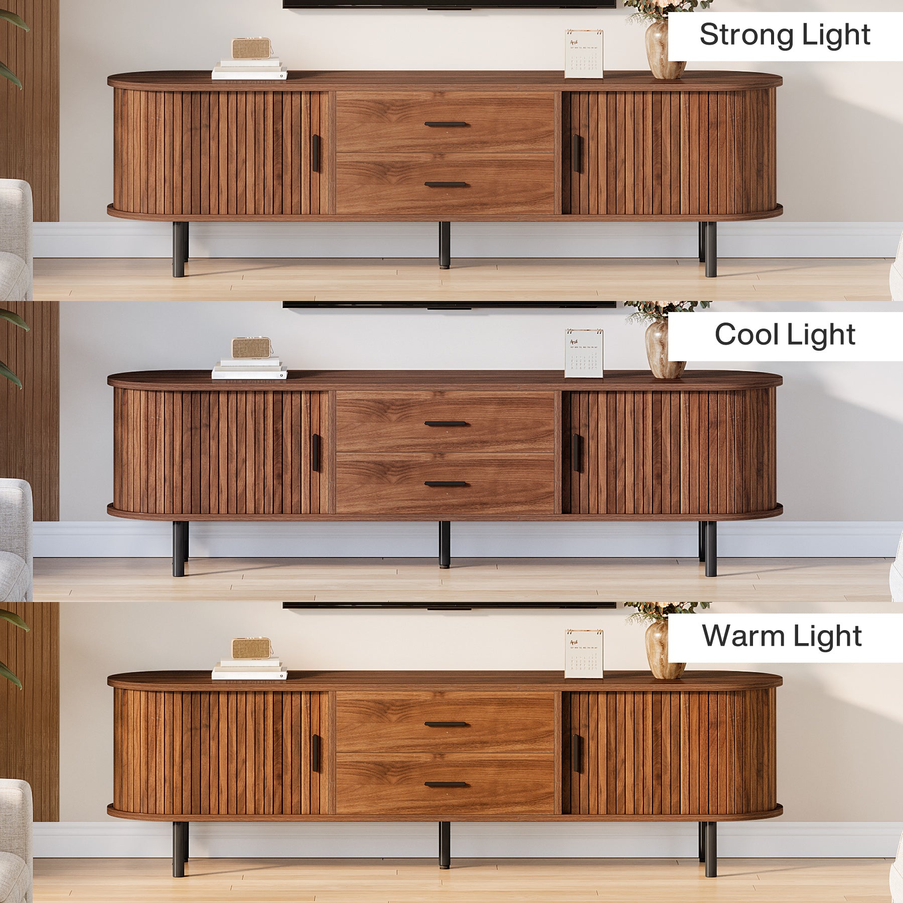 70-Inch TV Stand with Sliding Tambour Door, Mid-Century Media Console for 75-Inch TVs