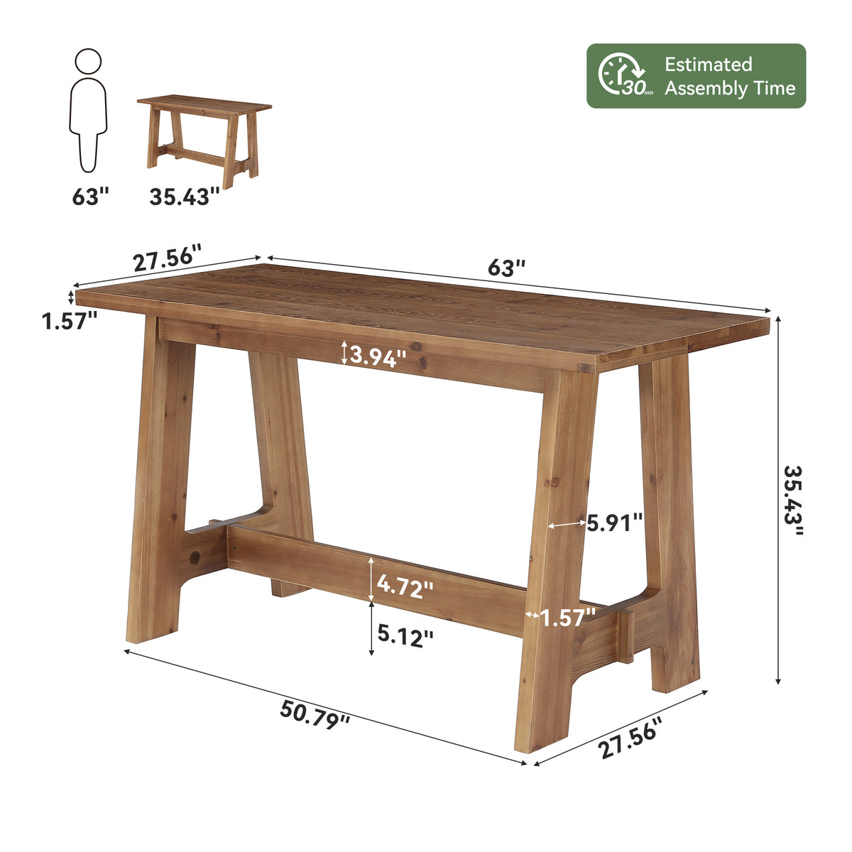 Tribesigns 63" Solid Wood Bar Table with A-Frame Footrest, Farmhouse Pub Table for Kitchen