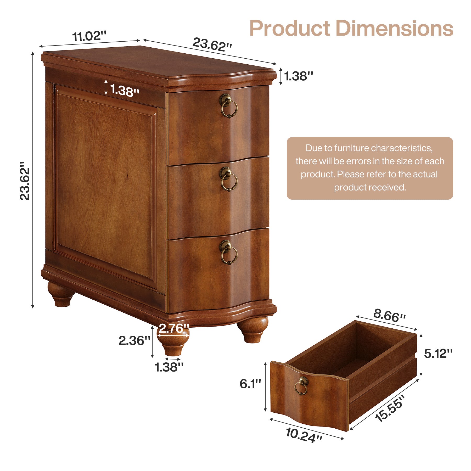 Tribesigns 11.02-Inch Wide Fully Assembled End Table with 3 Drawers, Narrow Walnut Brown Side Table for Bedside Living Room