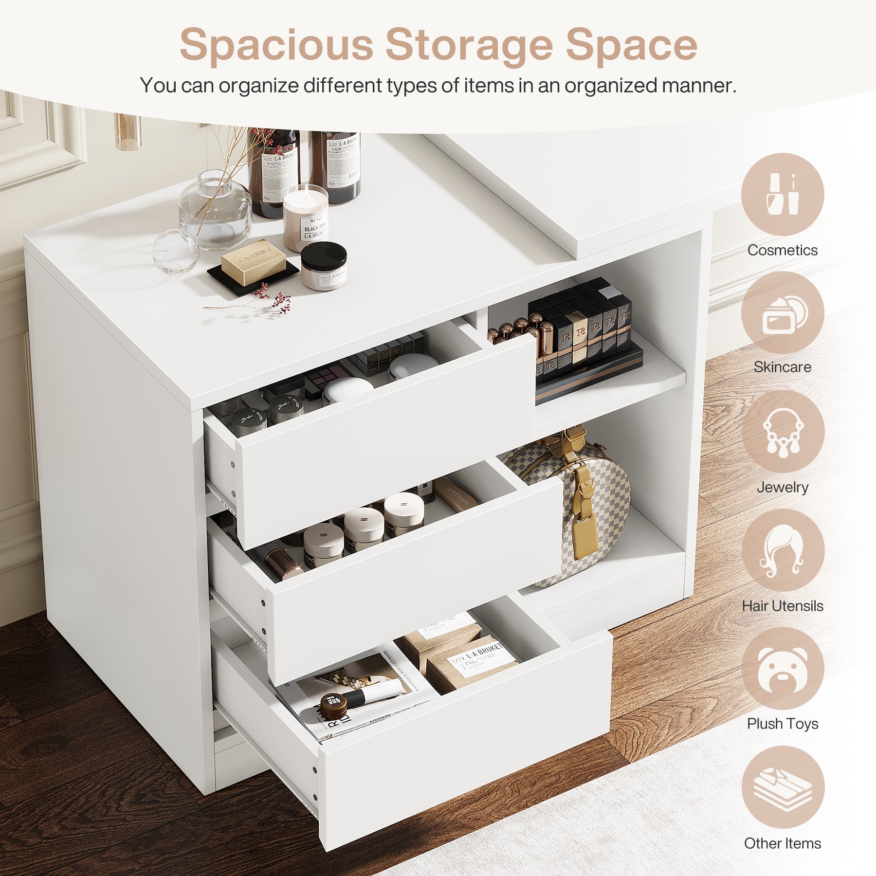 Tribesigns Vanity Desk with 3 Drawers and 2 Shelves, Matte White Makeup Table with Reversible Storage Cabinet for Bedroom