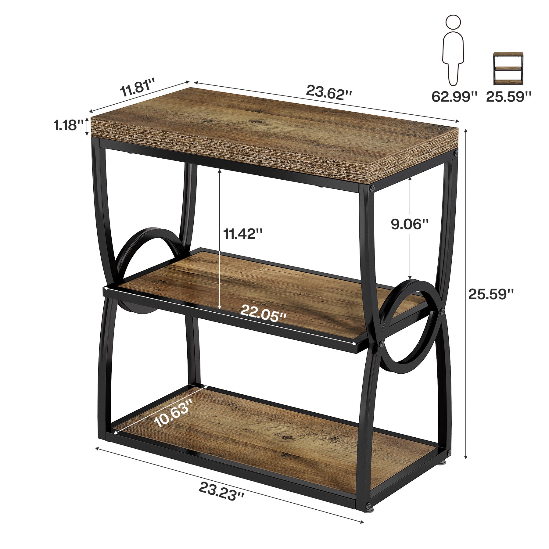 Tribesigns 23.6-Inch Narrow Side Table with 3-Tier Storage, Slim Bedside Table for Small Spaces