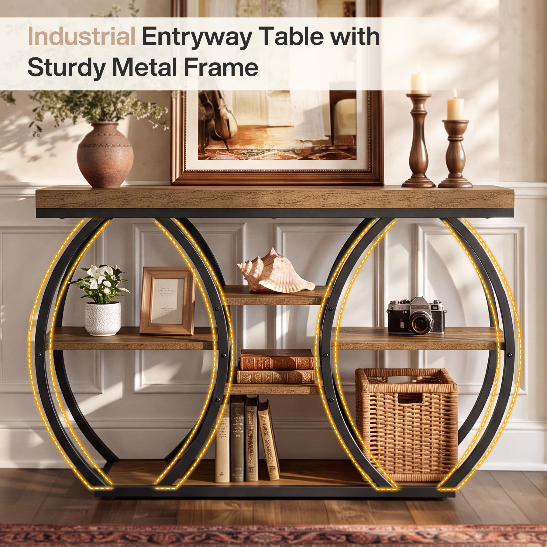 Tribesigns 47-Inch Console Table with 4-Tier Storage, Farmhouse Hallway Table with Curved Frame