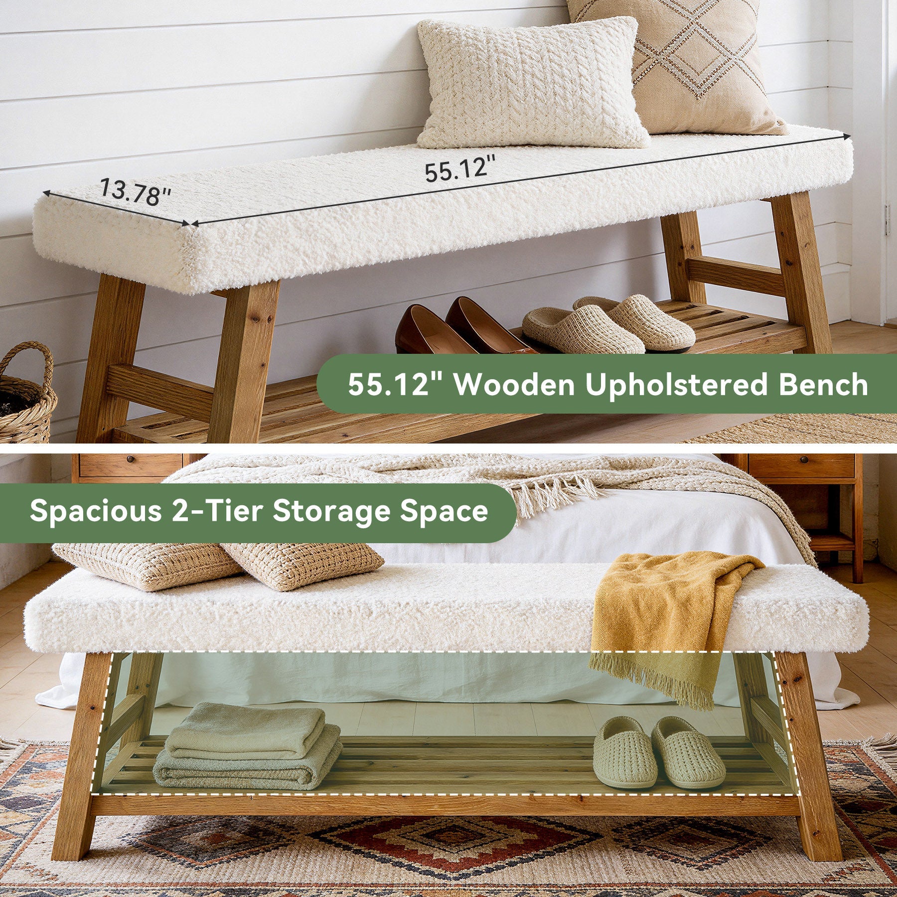 55-Inch Upholstered Entryway Bench with 2-Tier Shoe Storage Shelf, Solid Wood Frame Shoe Bench for Hallway