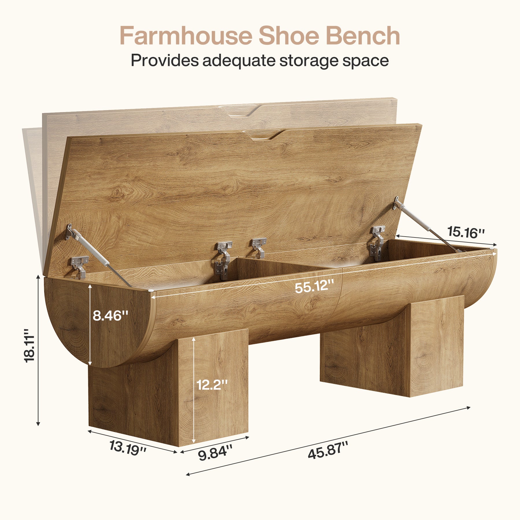55.1-Inch Farmhouse Storage Bench with Flip-Top Storage and 2 Safety Hinges