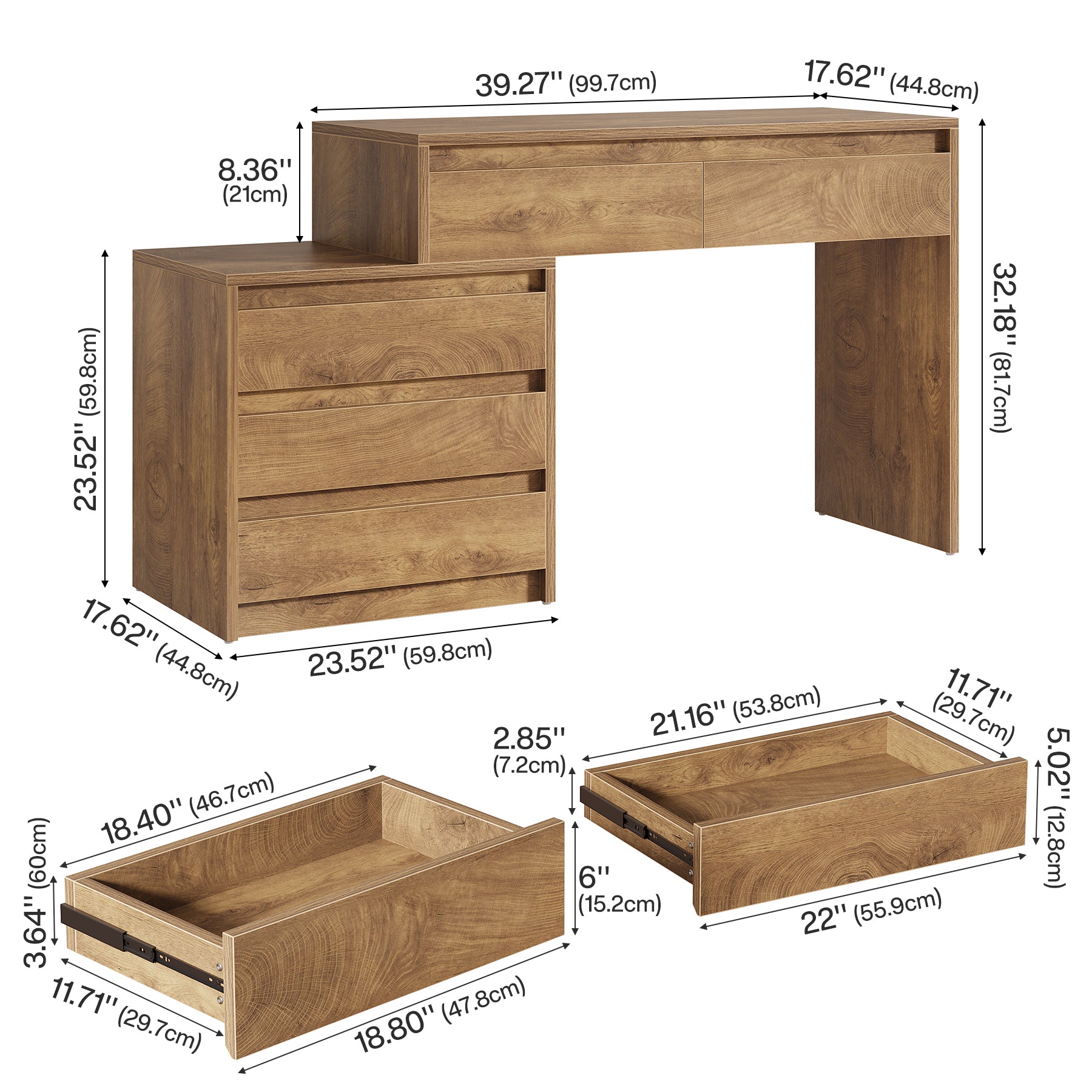 62.99-Inch Computer Desk with 5 Drawers, Industrial Home Office Desk with File Cabinet for Small Spaces
