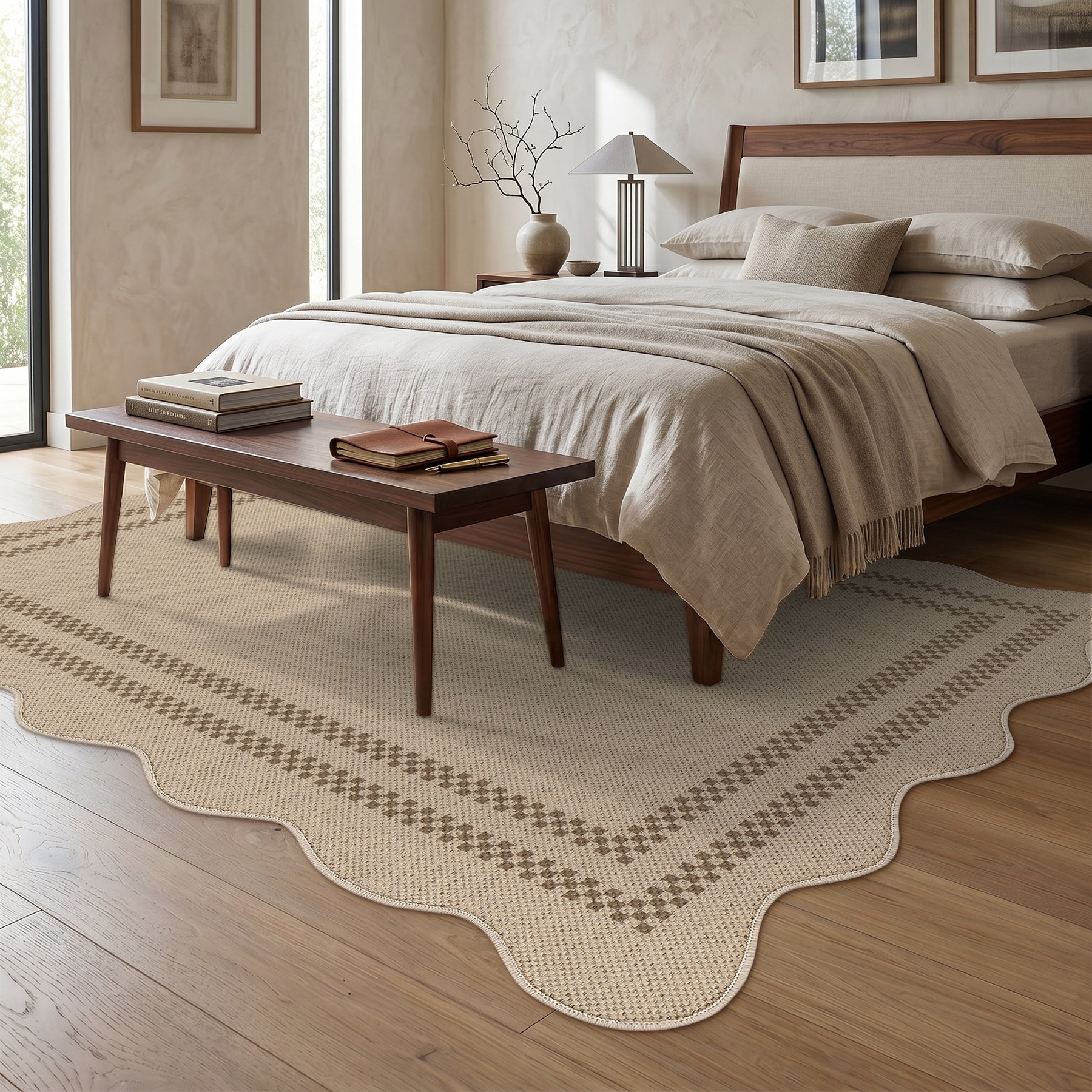 Tribesigns Indoor and Outdoor Rug, Weather-Resistant, Jute-Look, Scalloped Border and Farmhouse-Style Pattern, Washable and Non-Slip
