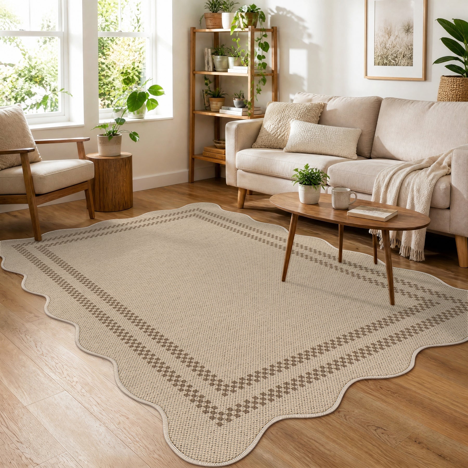 Tribesigns Indoor and Outdoor Rug, Weather-Resistant, Jute-Look, Scalloped Border and Farmhouse-Style Pattern, Washable and Non-Slip