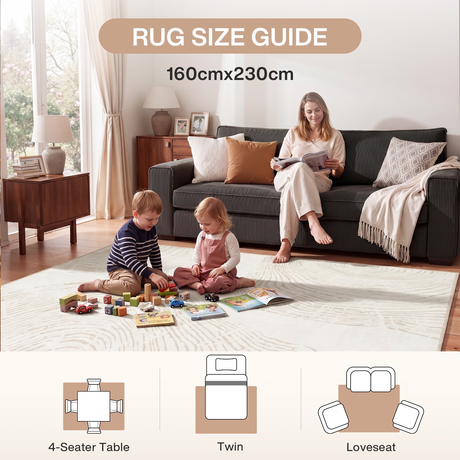Tribesigns Washable Living Room Rug, Soft Low-Pile Rug with Abstract Pattern, Minimalist Boho Style, Non-Slip