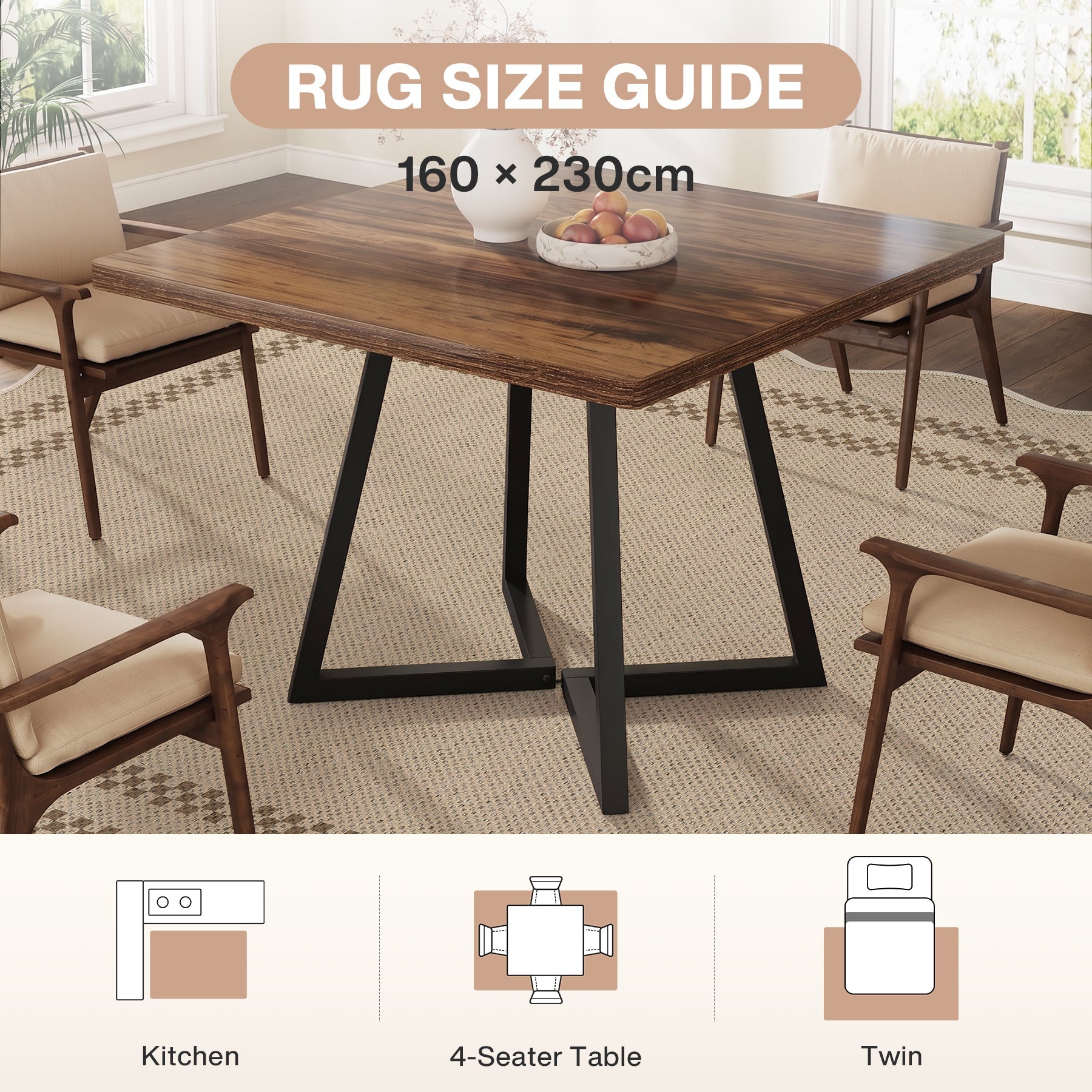 Tribesigns Indoor and Outdoor Rug, Weather-Resistant, Jute-Look, Scalloped Border and Farmhouse-Style Pattern, Washable and Non-Slip