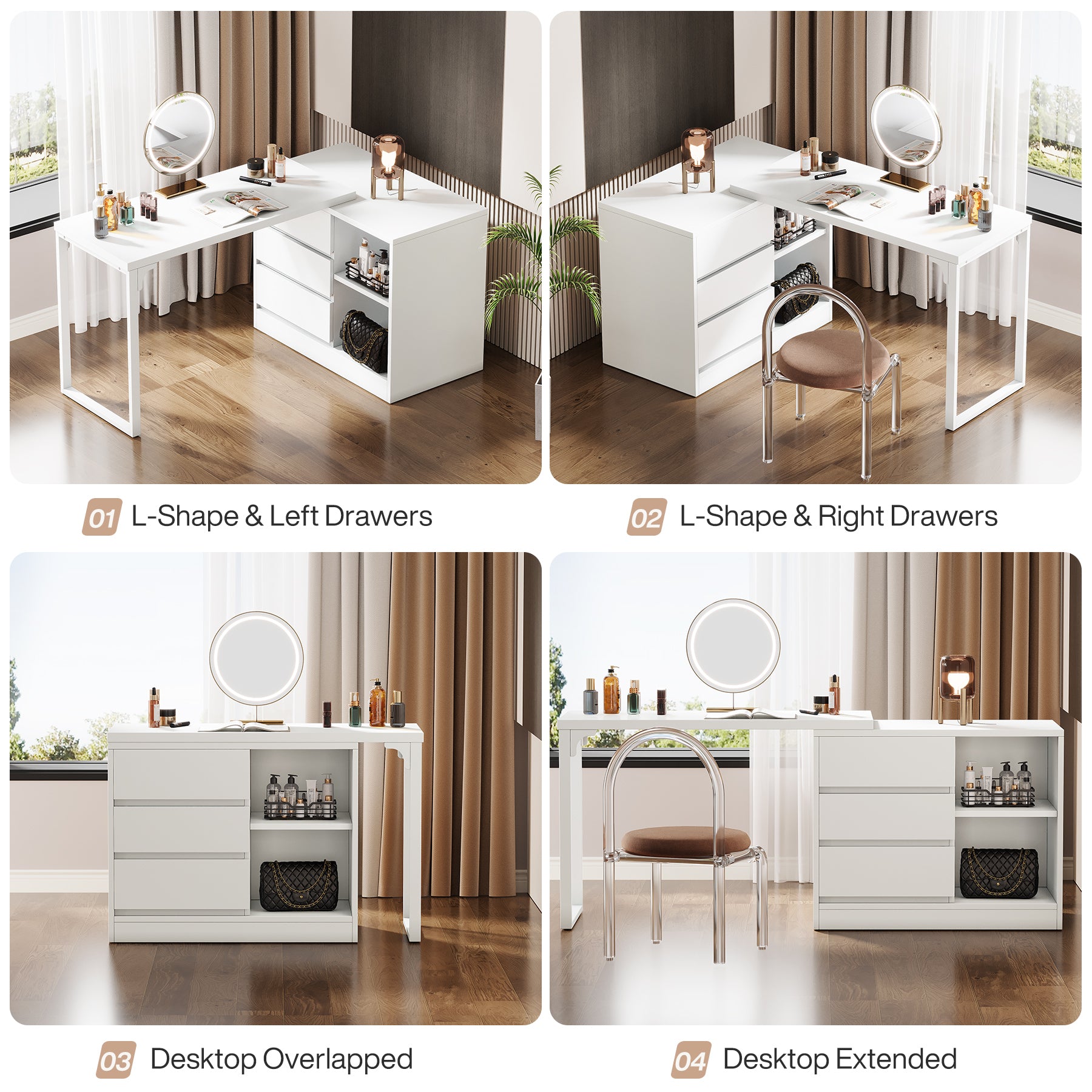 Tribesigns Vanity Desk with 3 Drawers and 2 Shelves, Matte White Makeup Table with Reversible Storage Cabinet for Bedroom