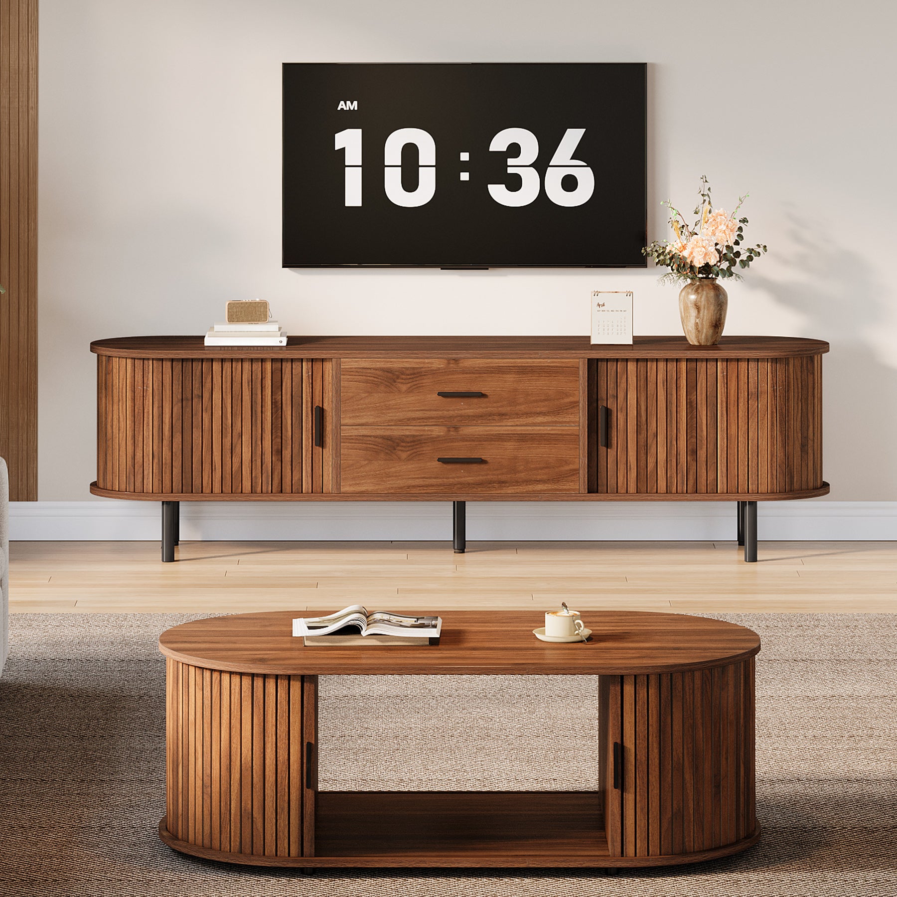 70-Inch TV Stand with Sliding Tambour Door, Mid-Century Media Console for 75-Inch TVs