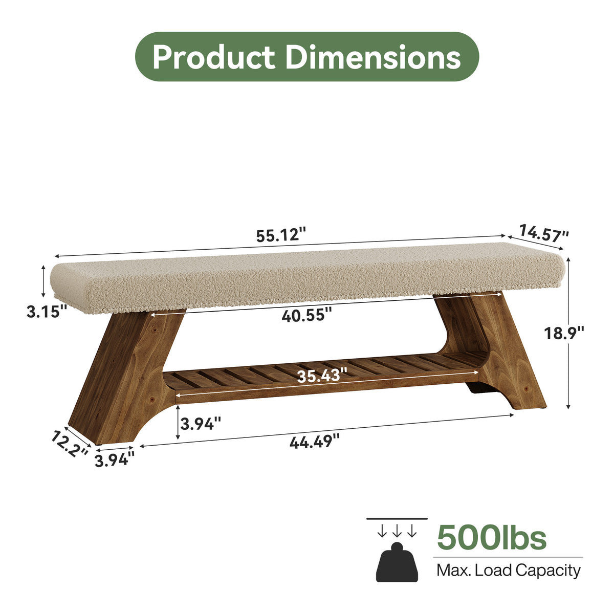 55" Solid Wood Storage Bench with Cushion, Upholstered Entryway Shoe Bench