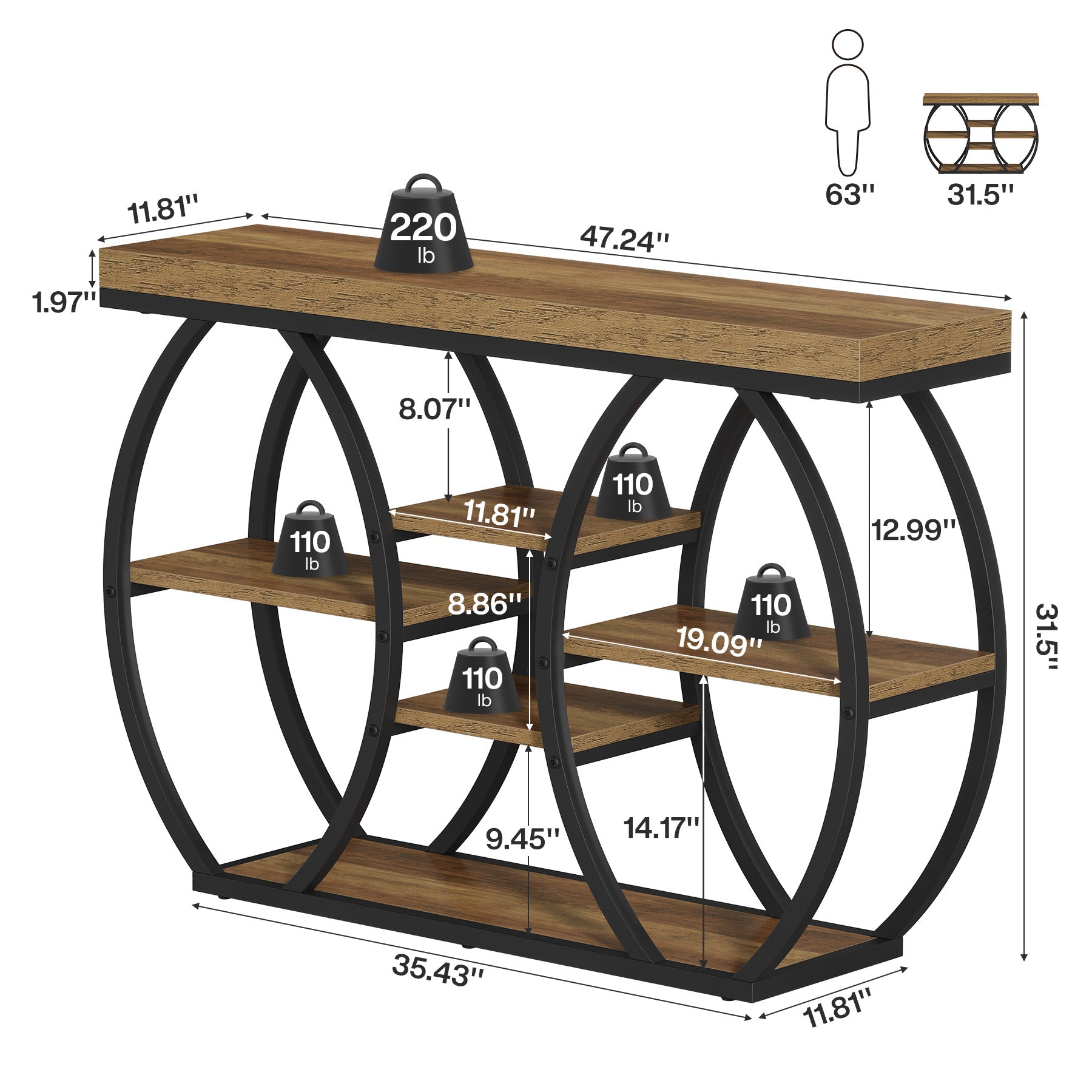 Tribesigns 47-Inch Console Table with 4-Tier Storage, Farmhouse Hallway Table with Curved Frame
