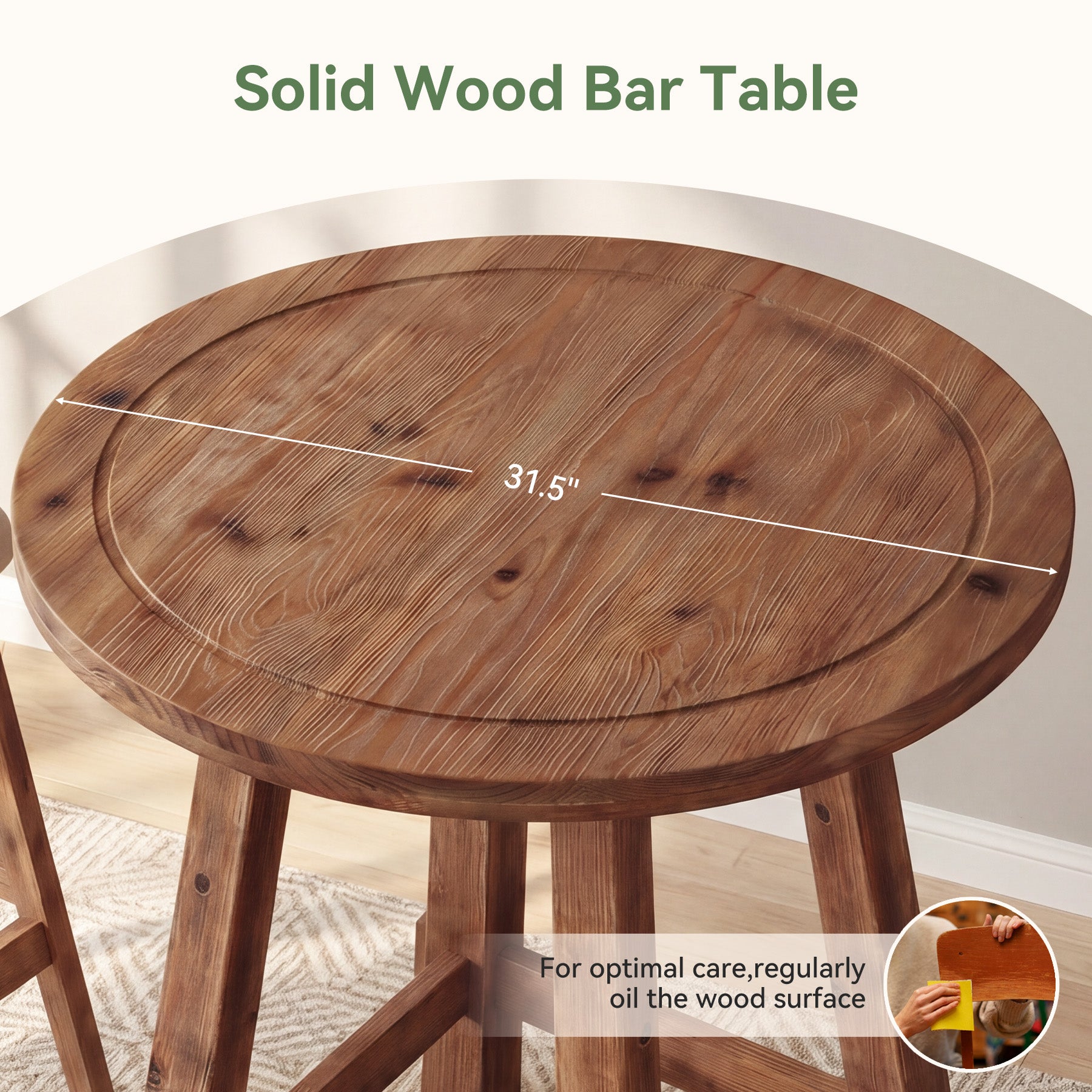 39.4-Inch High Round Solid Wood Bar Table with Footrest, Farmhouse Pub Table for Kitchen and Small Spaces