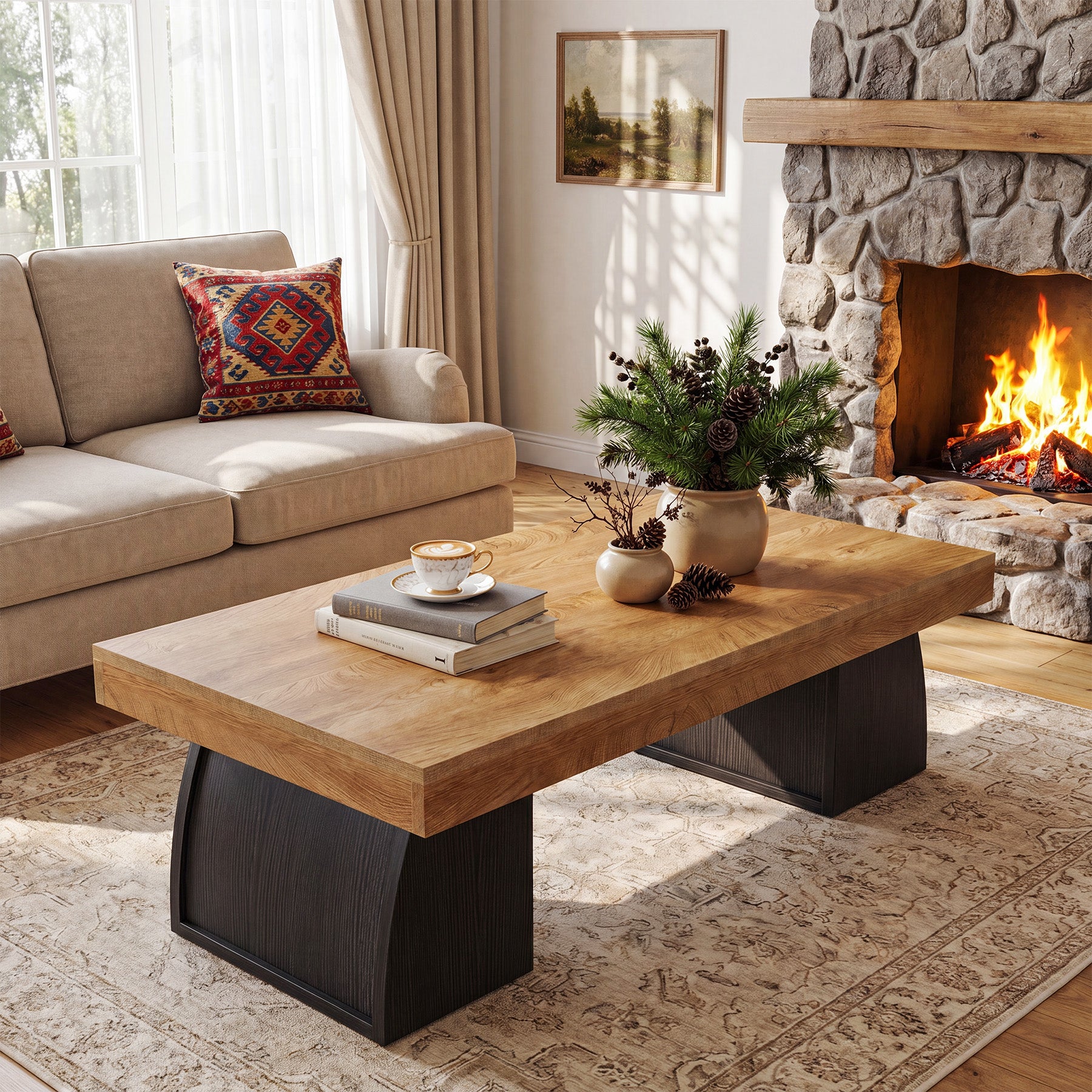 55.12 Inch Farmhouse Coffee Table with Curved Support Base, Rectangular Center Table for Living Room