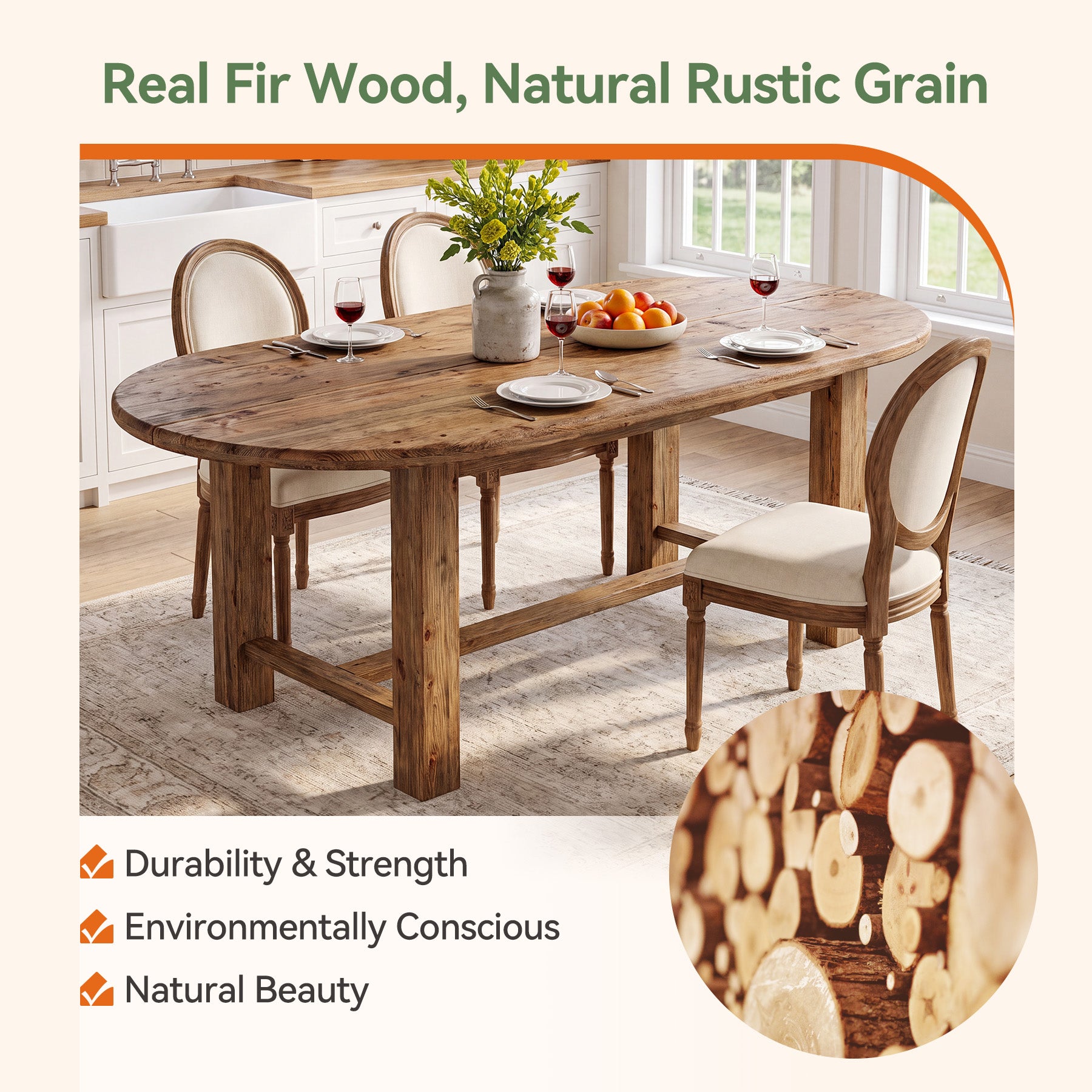 63 Inch Solid Fir Wood Oval Dining Table for 4-6, Farmhouse Kitchen Table with Crossbar