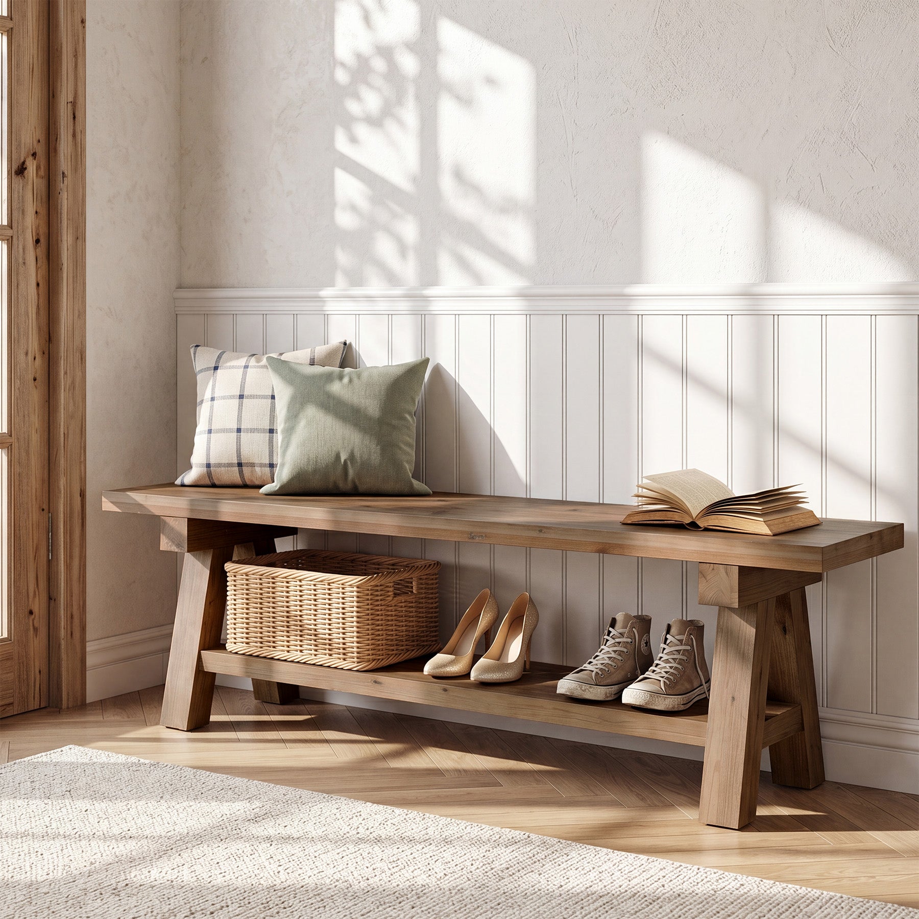 Tribesigns 63-Inch Solid Wood Entryway Bench, Dining Bench with Open Storage for Hallway and Foyer