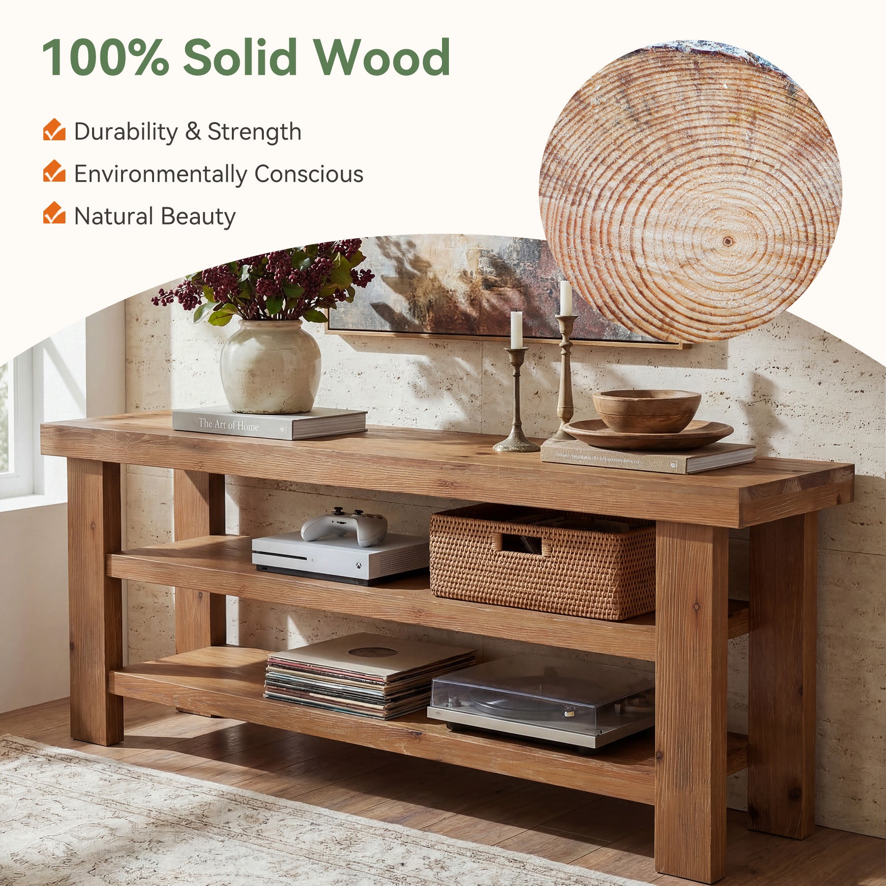 Tribesigns 63-Inch Solid Wood TV Stand, 2-Tier Media Console with Open Storage for Living Room