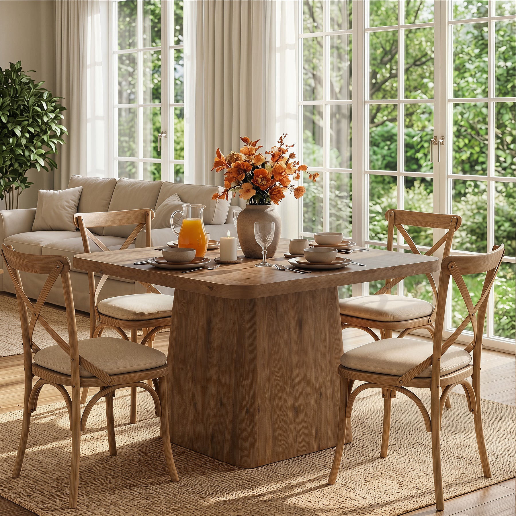 39.37-Inch Solid Wood Square Dining Table with Pedestal Base, Farmhouse Kitchen Table for Small Spaces
