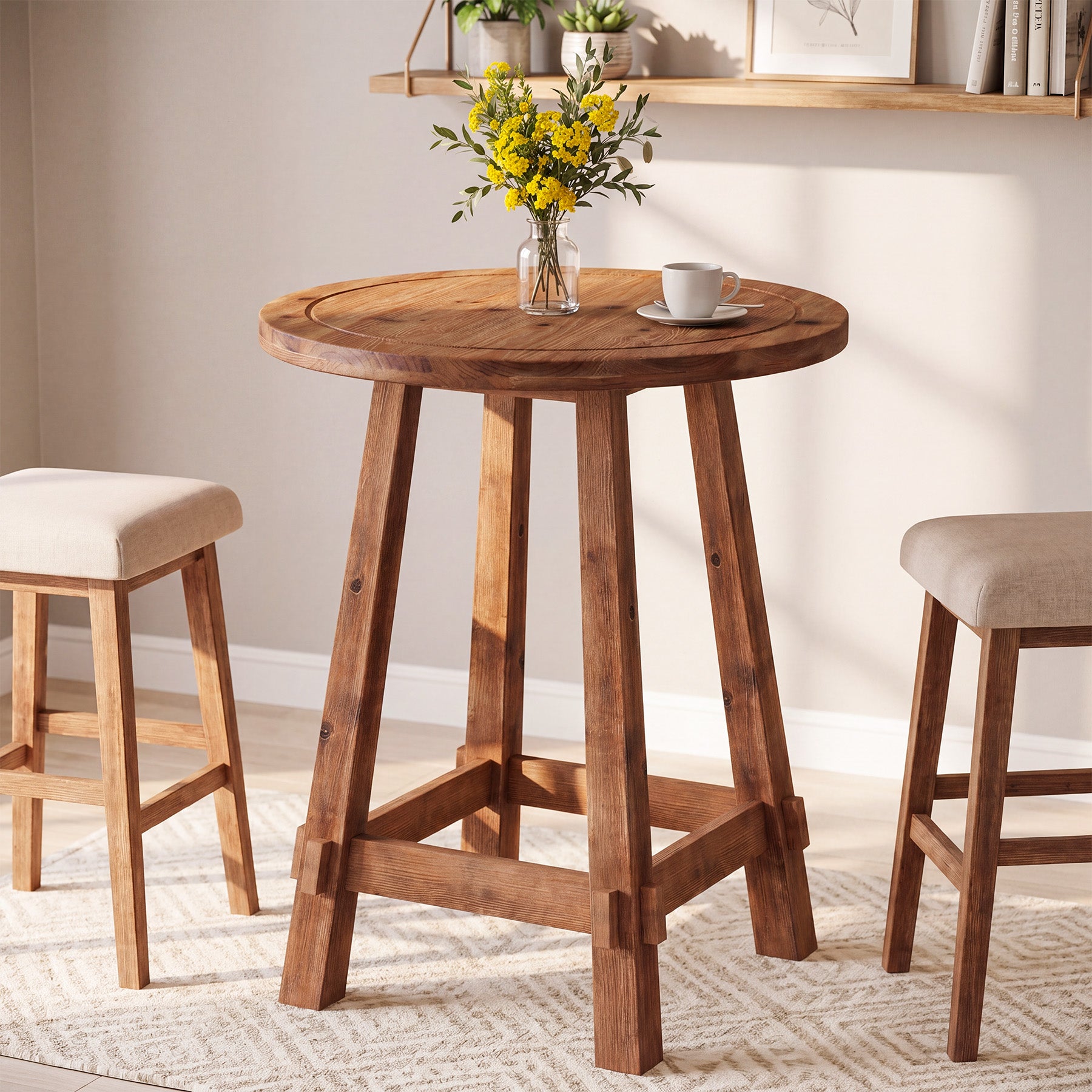 39.4-Inch High Round Solid Wood Bar Table with Footrest, Farmhouse Pub Table for Kitchen and Small Spaces