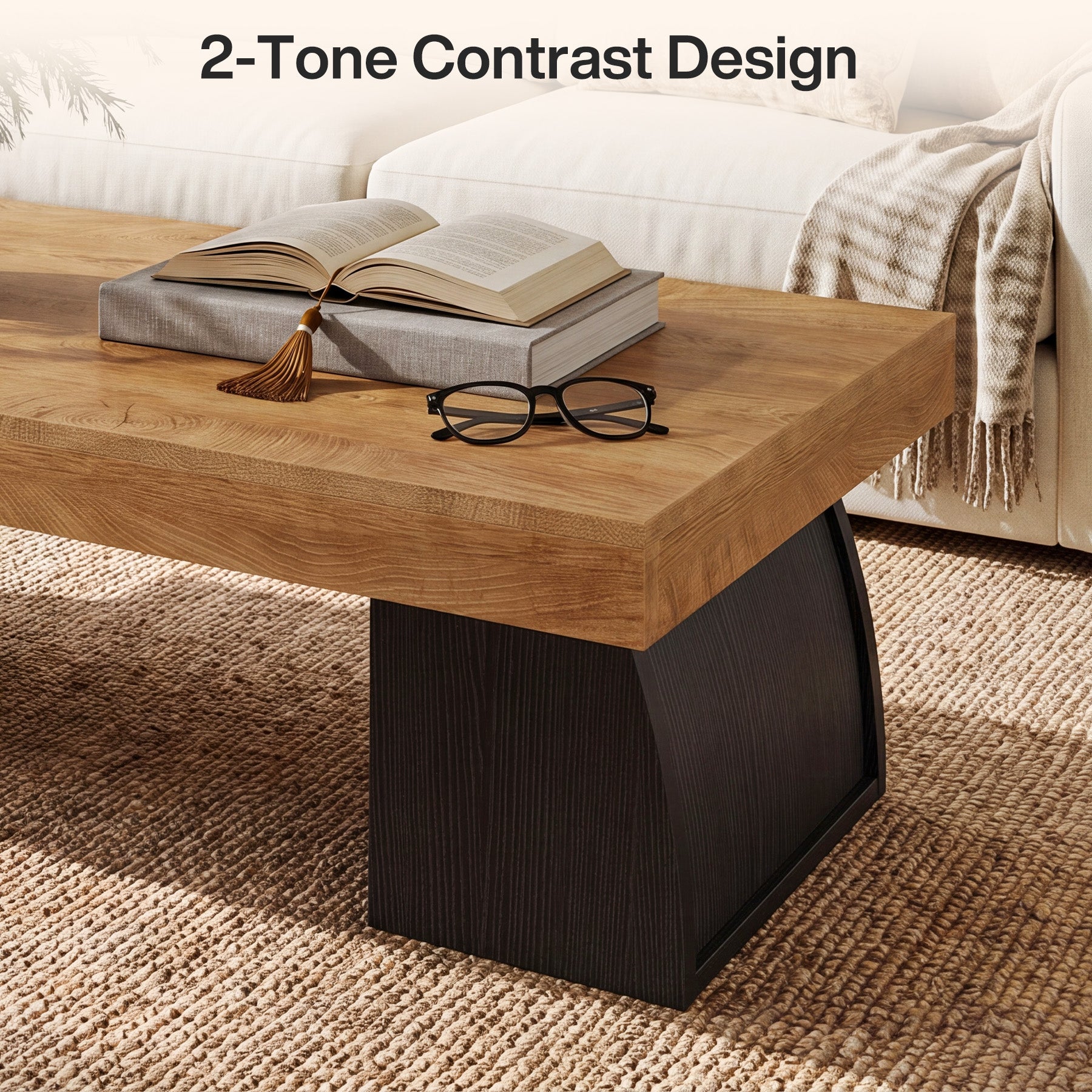 55.12 Inch Farmhouse Coffee Table with Curved Support Base, Rectangular Center Table for Living Room