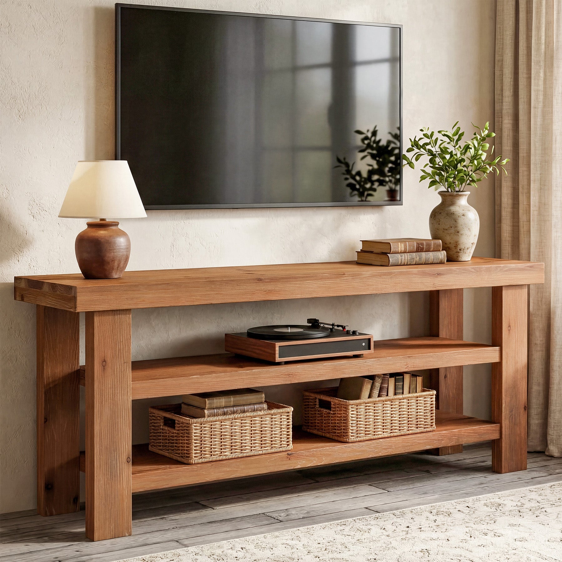 Tribesigns 63-Inch Solid Wood TV Stand, 2-Tier Media Console with Open Storage for Living Room