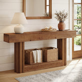 63-Inch Solid Wood Console Table with 2-Tier Storage Shelf, Farmhouse Sofa Entryway Table for Hallway 3