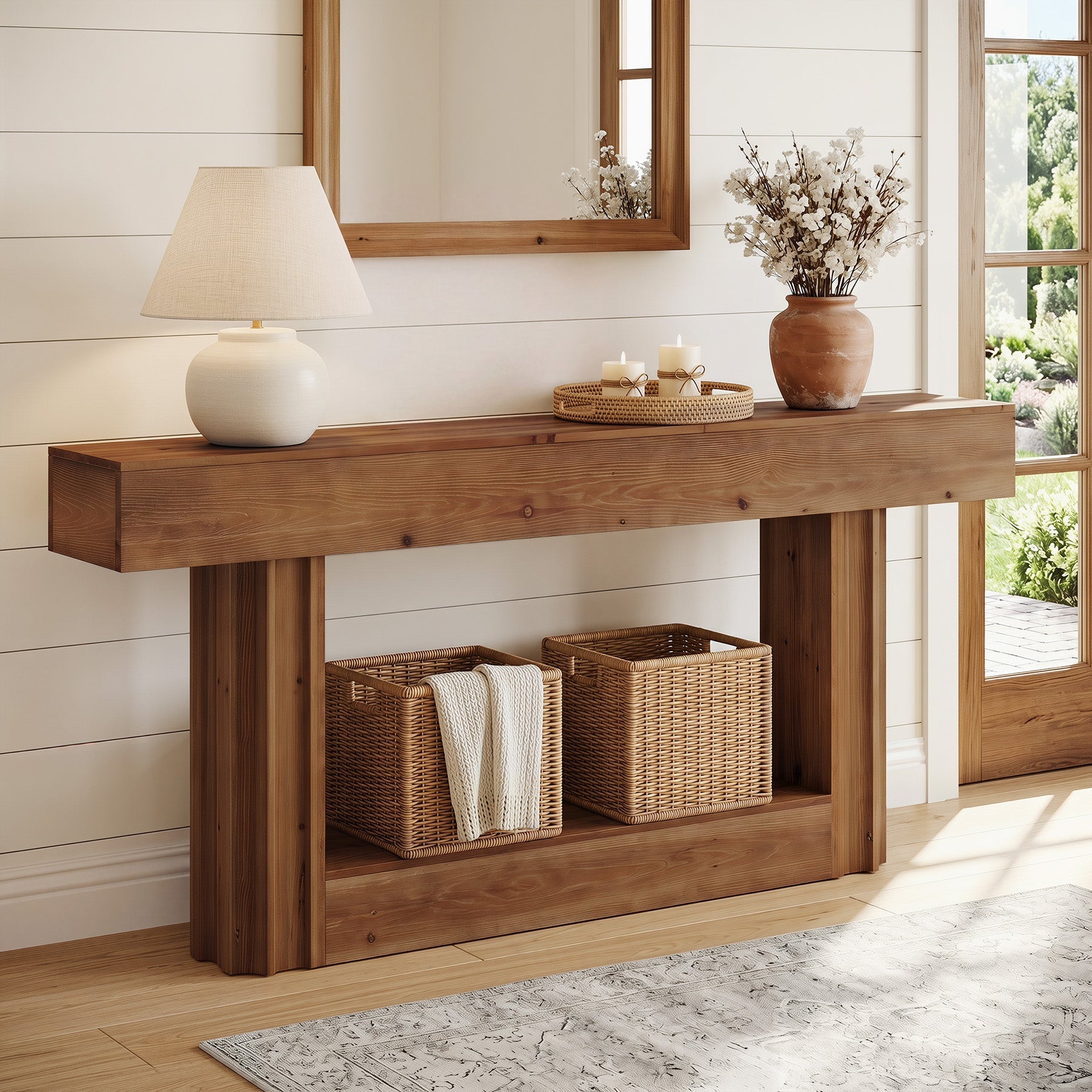 63-Inch Solid Wood Console Table with 2-Tier Storage Shelf, Farmhouse Sofa Entryway Table for Hallway