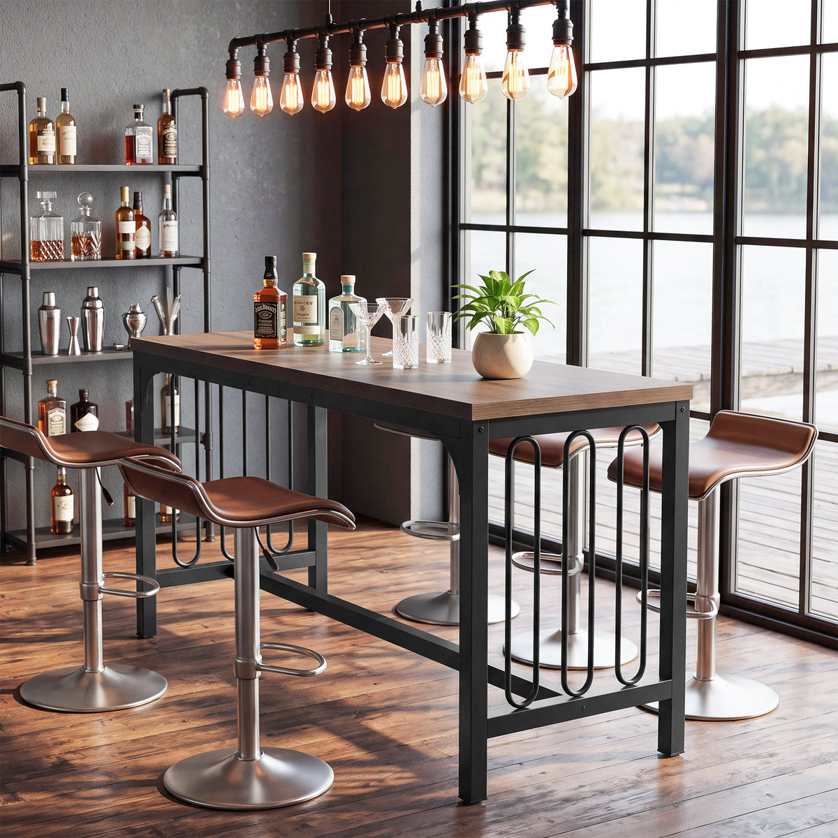 Tribesigns 63" Bar Table with Metal Crossbar Support, Industrial Counter Height Table for Home Bar