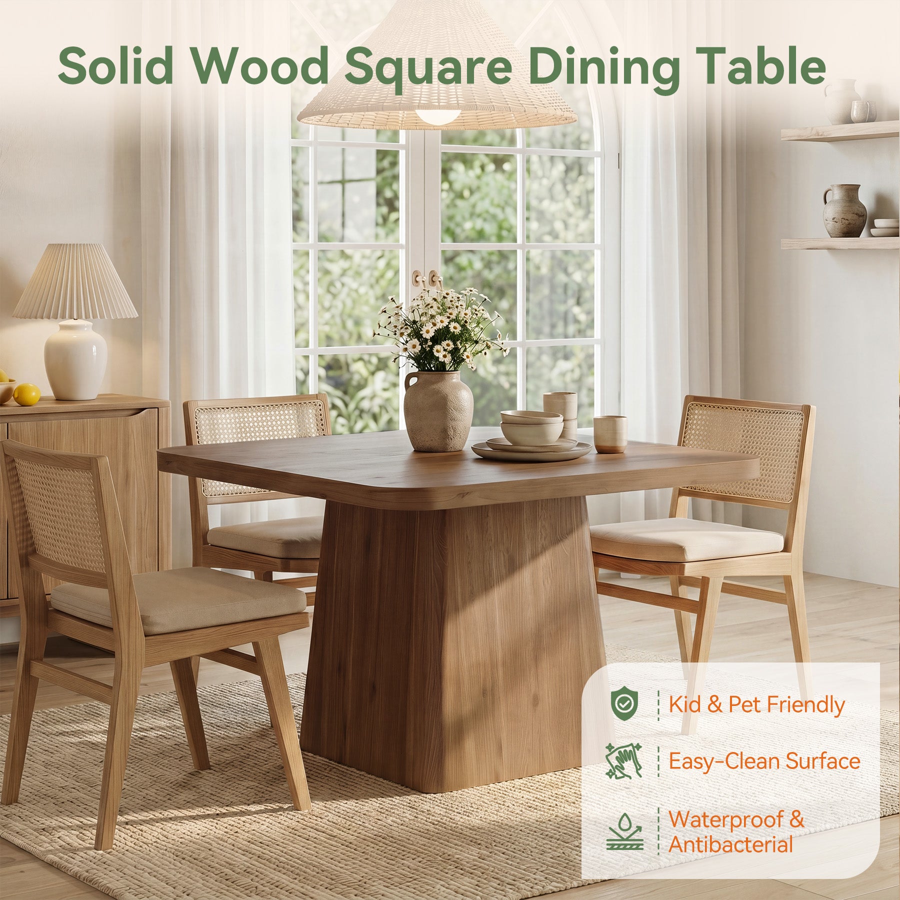 39.37-Inch Solid Wood Square Dining Table with Pedestal Base, Farmhouse Kitchen Table for Small Spaces